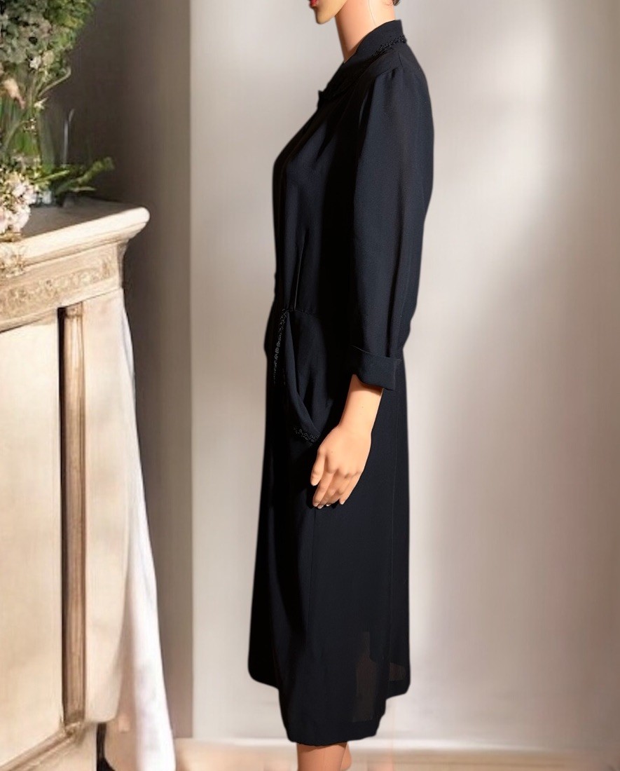 Vtg 40s Black Rayon Crepe Shirtwaist Day Dress Soutache Metal Zip Noir Pinup 30W