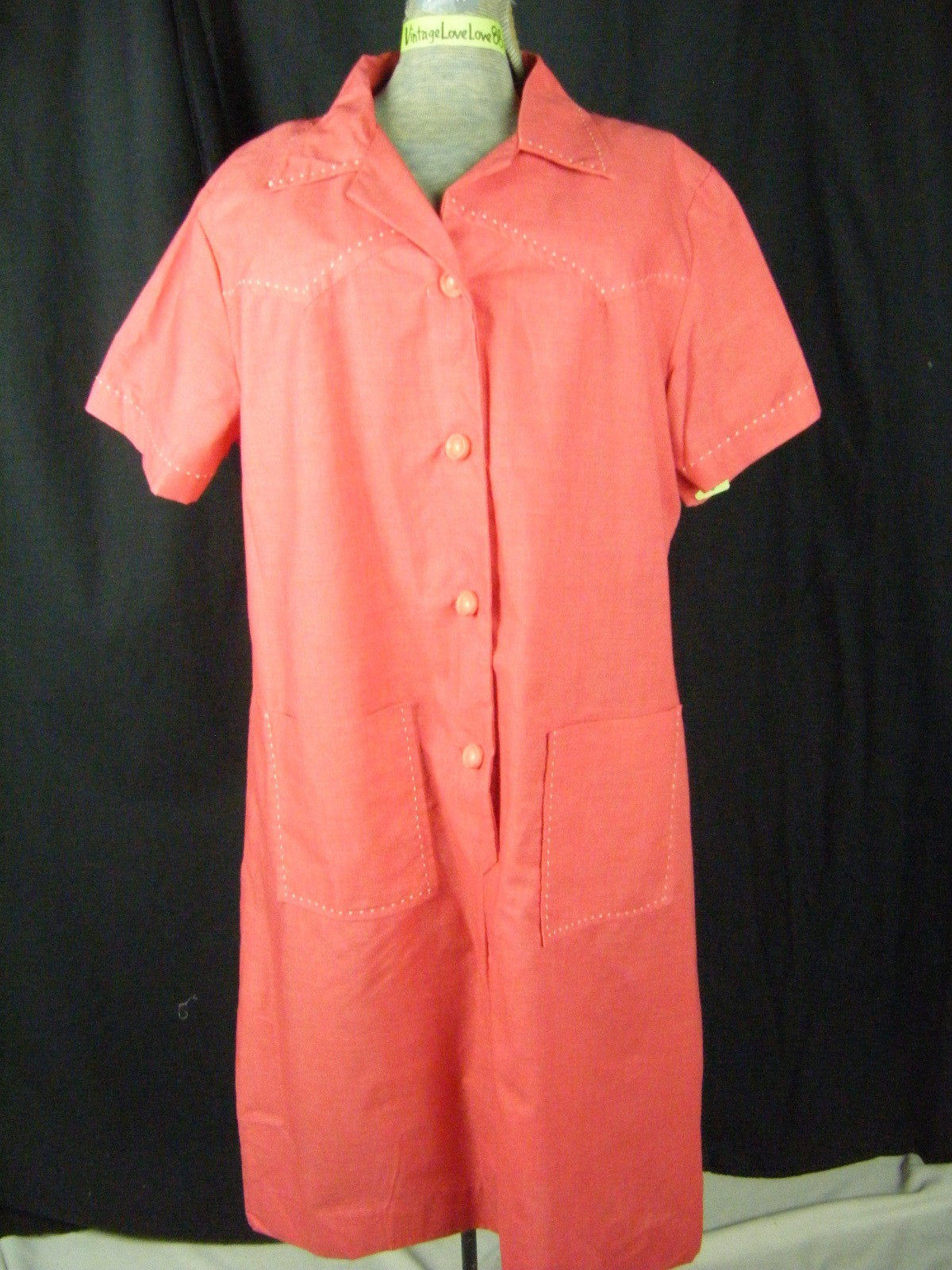 TOP MADE Vtg 70-80s Red White Stitches 60s Style Shirt Dress-Bust 49/L-XL