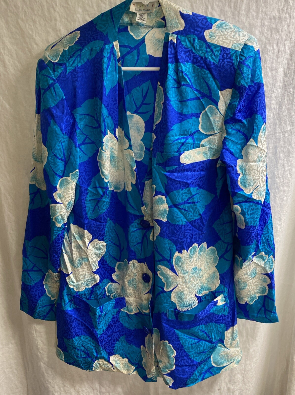 vintage 80s Bright Blue/white/aqua Blouse by S.I.L.K.S St Gillian size 12