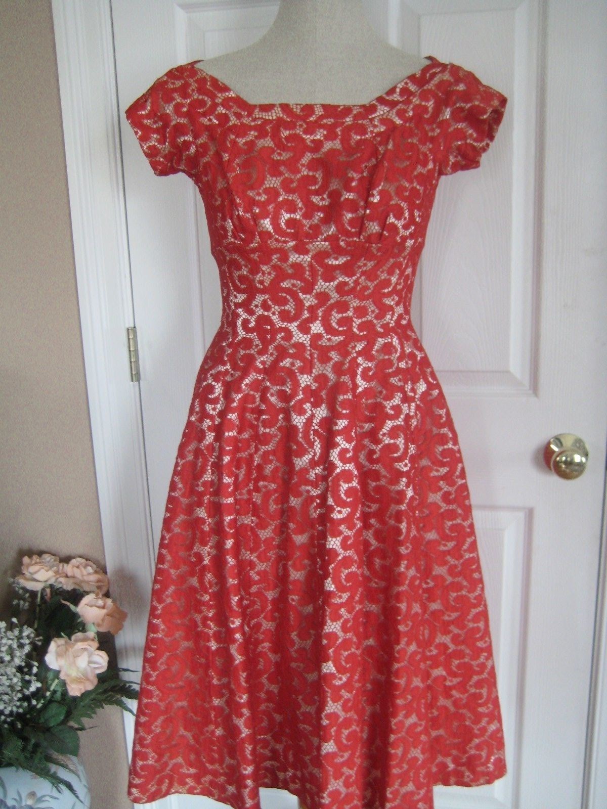 Vtg 1950s Suzy Perette Lace Stunning Dress XS X Small Womens Sz 2 4 Short Sleeve
