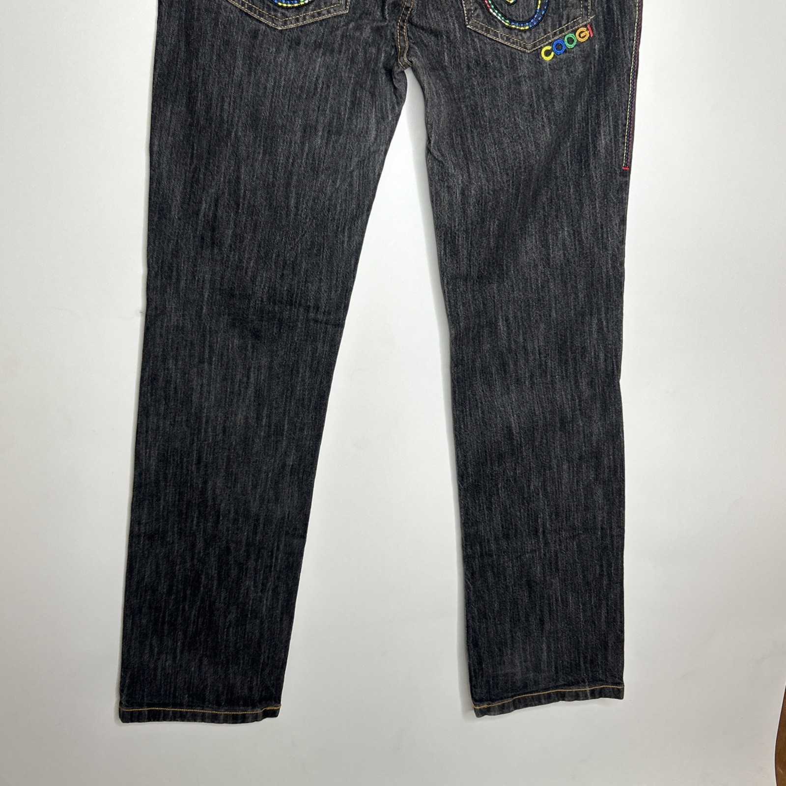 VTG Coogi Australia Dark Wash Jeans Sz 13/14 Straight Leg Rainbow Y2K Embroidery