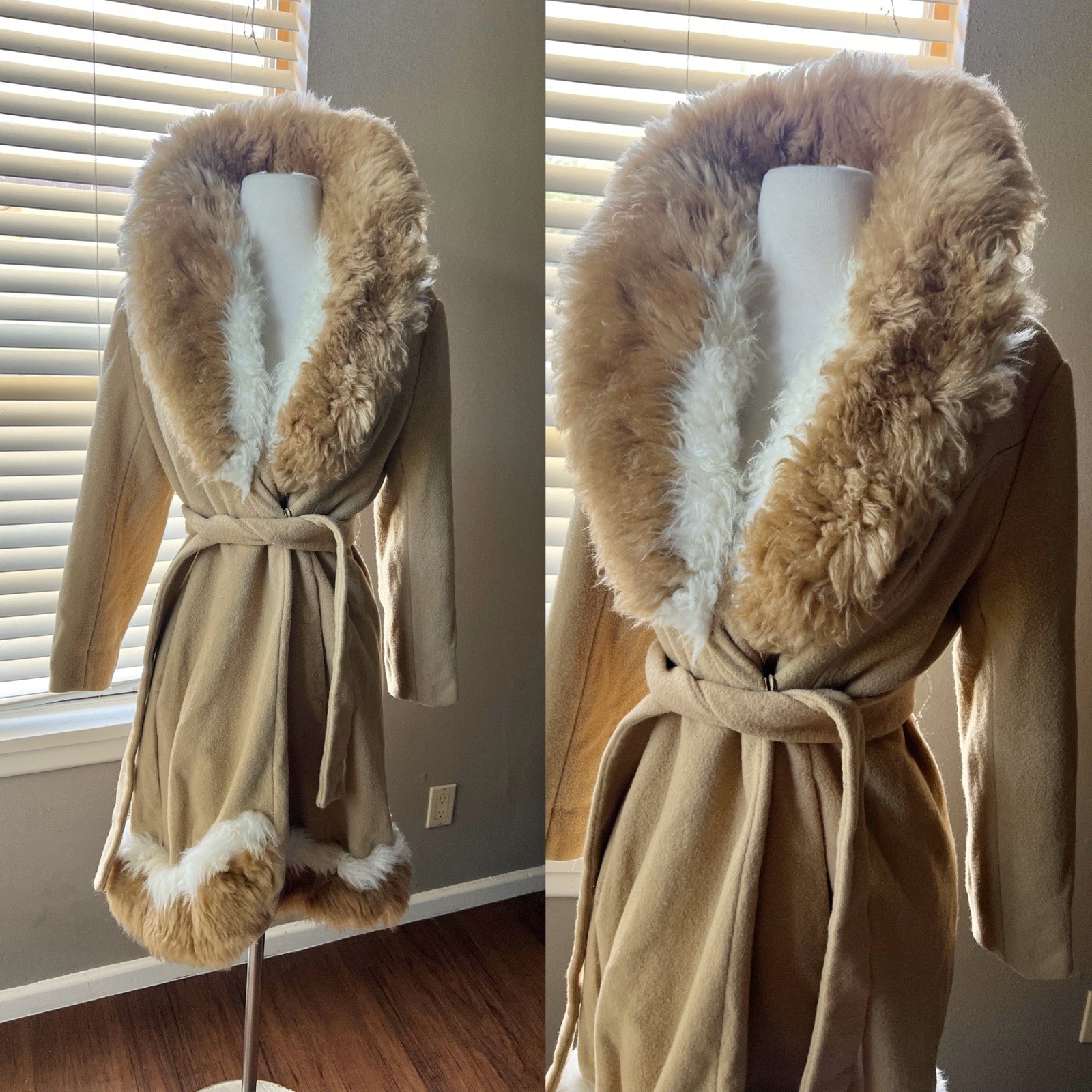 VTG 70s Penny Lane Wool Coat Faux Fur Collar Trim Belted Boho Princess Camel S