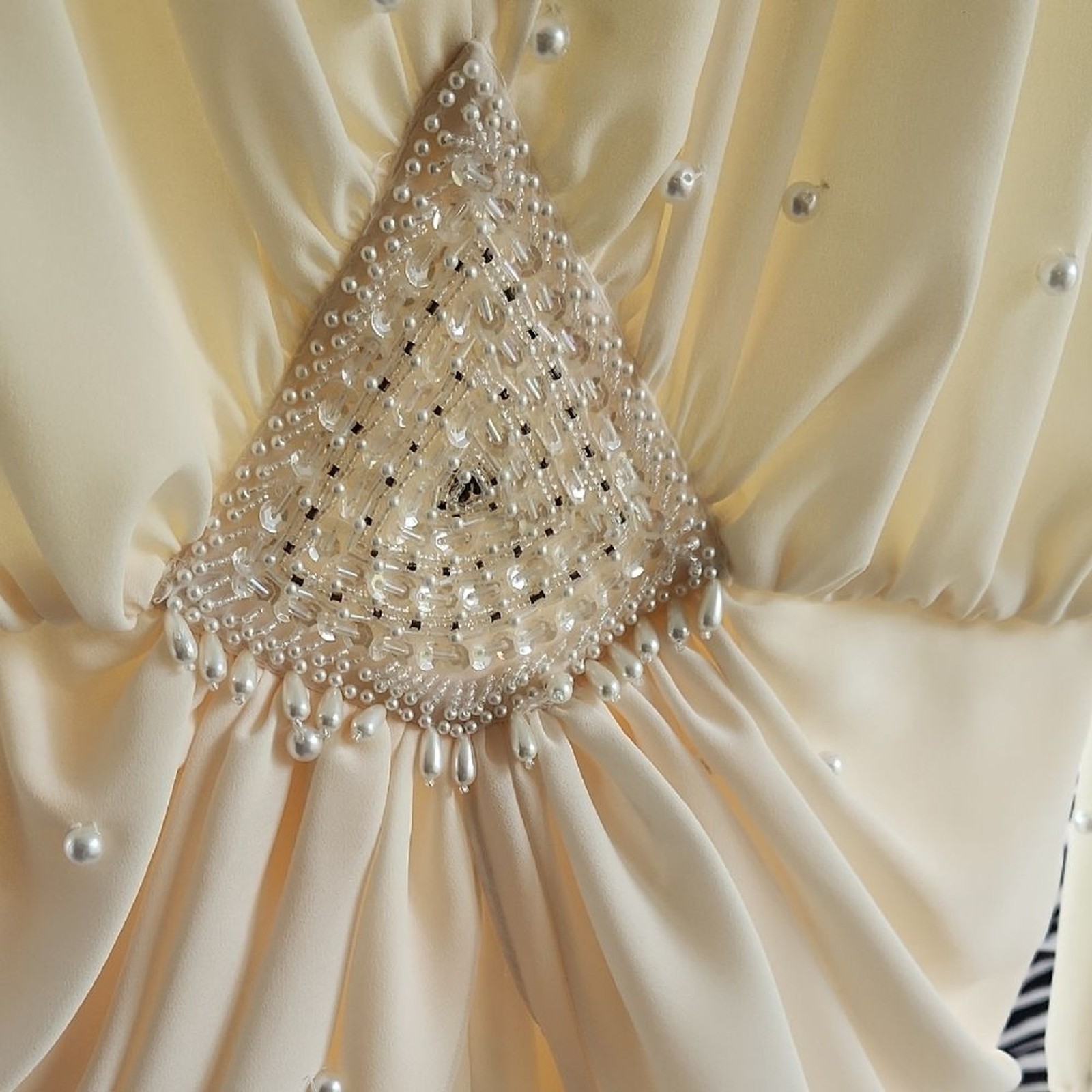 Vintage Pia Rucci Beaded Pearl Long Sleeve Midi Dress Cream 12