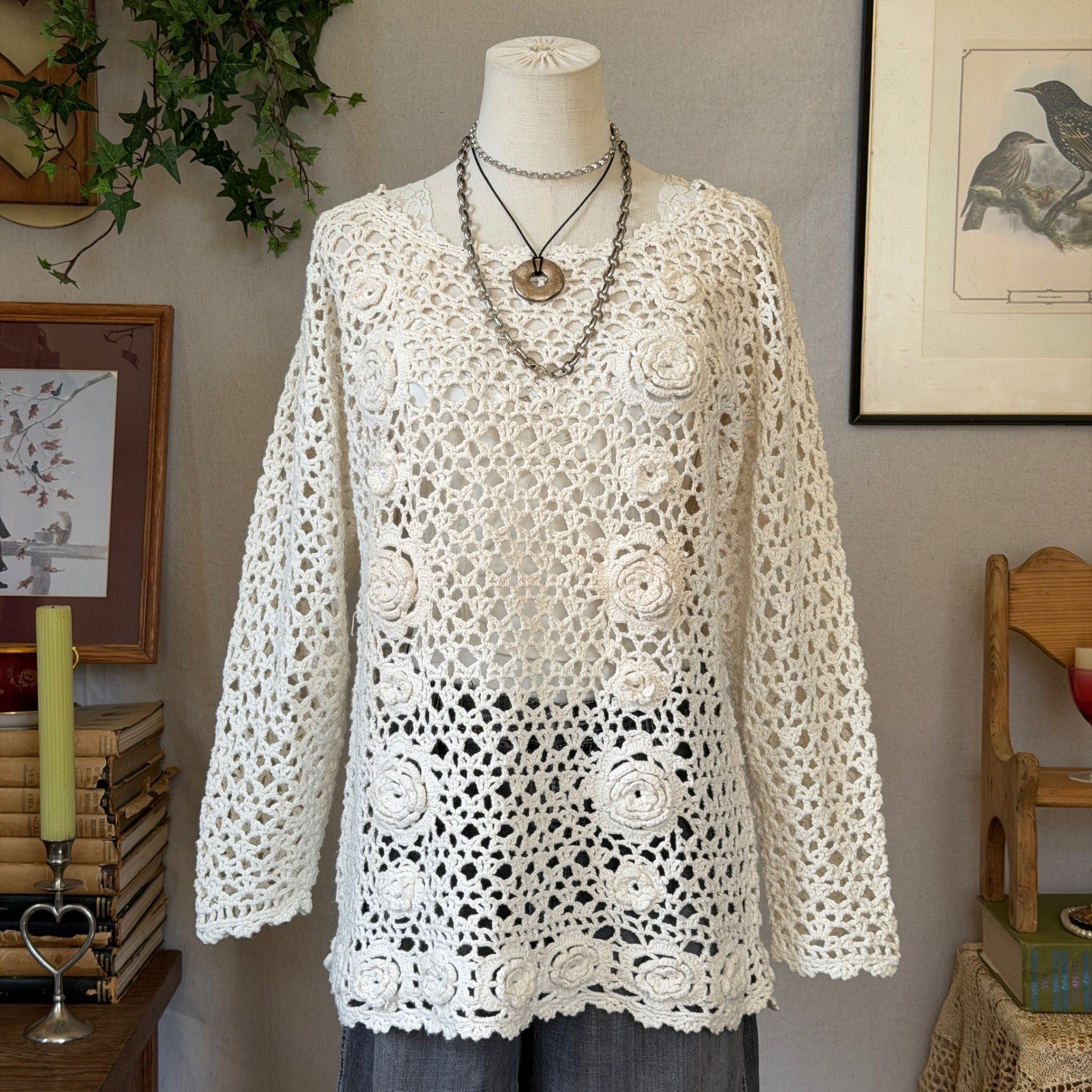 Cream Floral Crochet Long Sleeve Top Boho Vintage Overlay Sheer Tunic Sweater