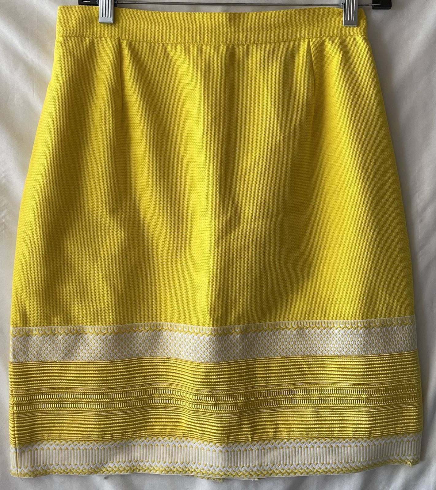 VINTAGE MONDRIAN, Italy, Short White Bright Yellow Pencil Skirt, 8, Cotton Pique