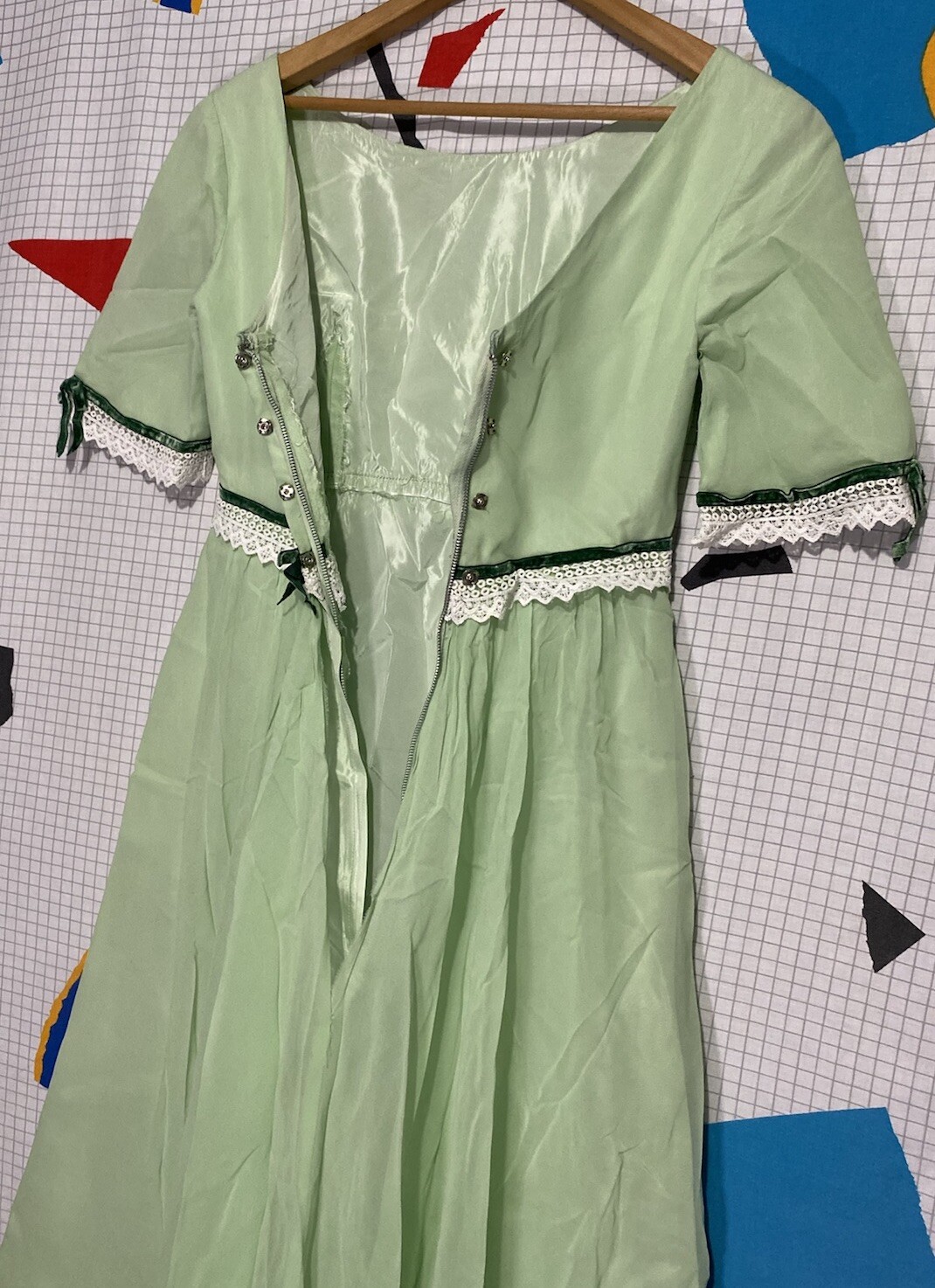 Vintage 50s Silk Chiffon Dress Green Lace Organza Velvet Ribbon 60s Maxi