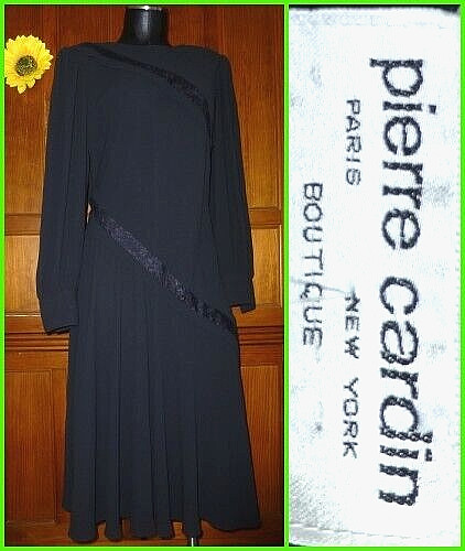 Vintage 80s Pierre CARDIN Boutique Black Crepe Lace Long Slv Midi DRESS sz 12