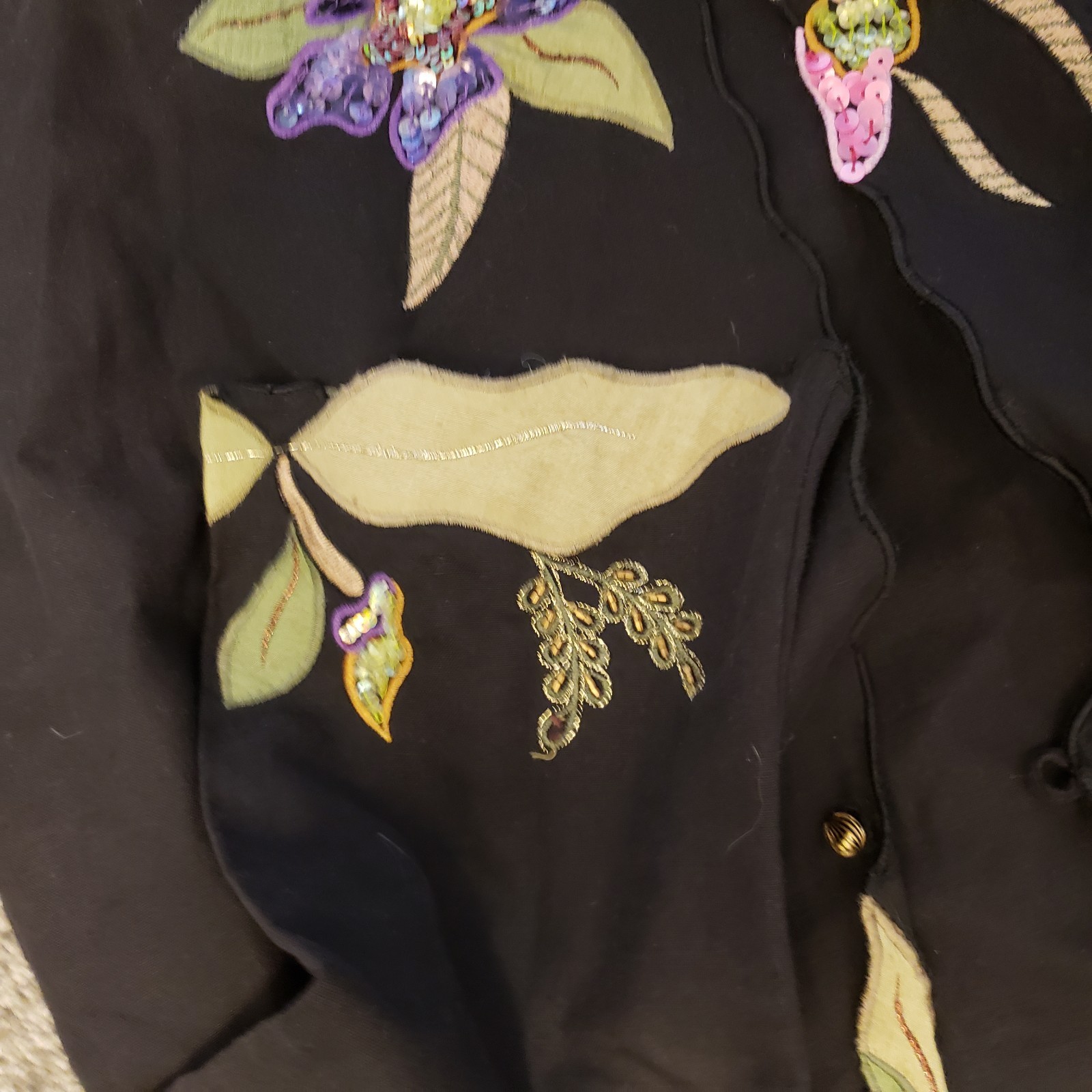 Indigo Moon Embroidered Sequin Floral Black Jacket Cover Up Party Boho L