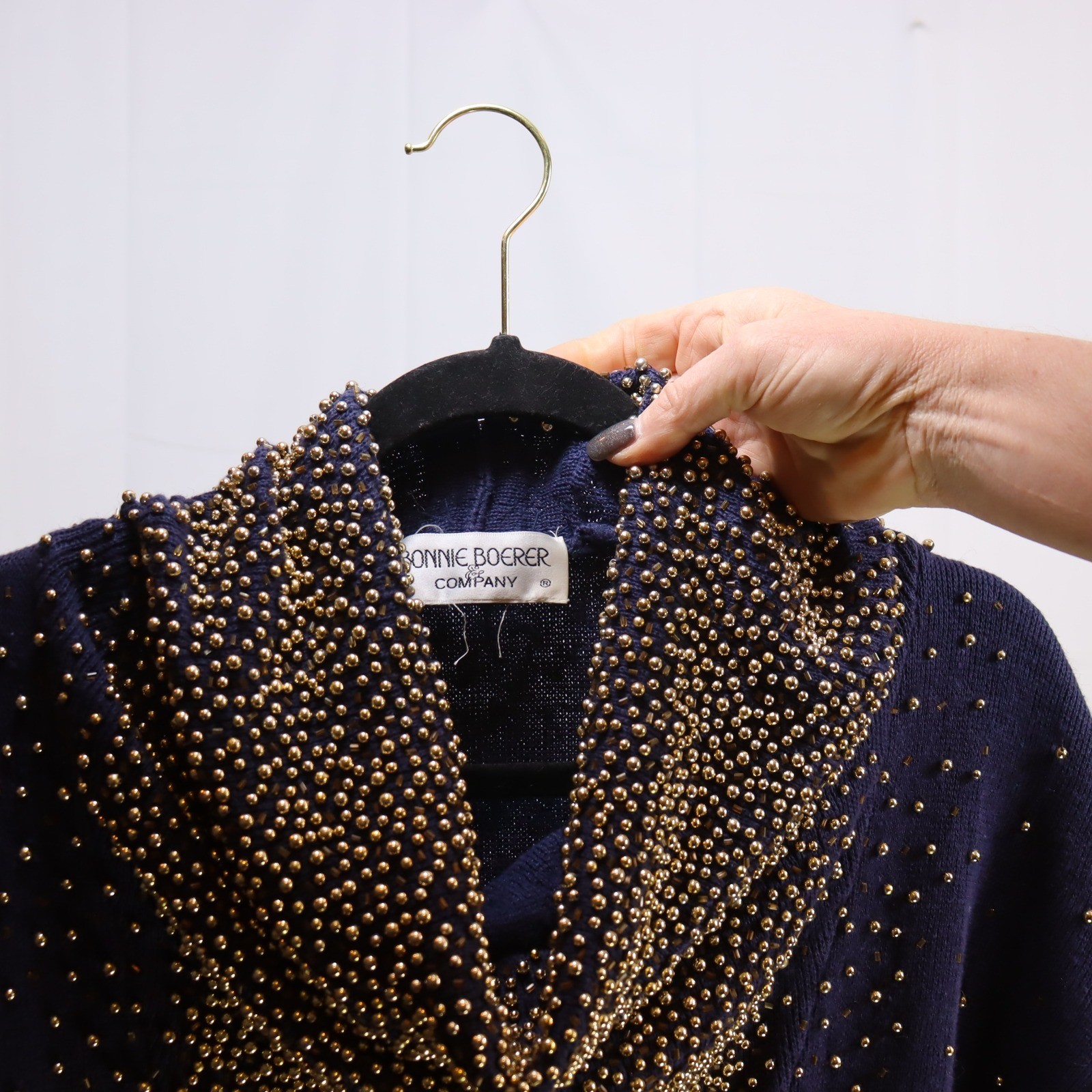 Bonnie Boerer Beaded Cowl Neck Sweater Womens M Navy Blue Dolman Vintage Glam