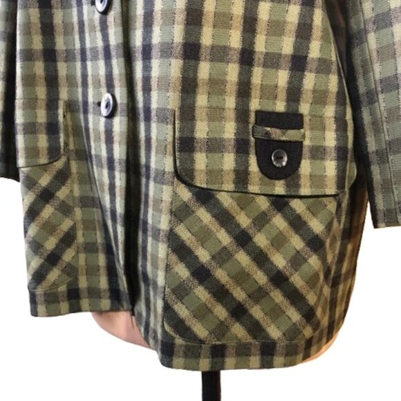 Vintage 90s wool checkered olive green and black blazer jacket, Plus size XL