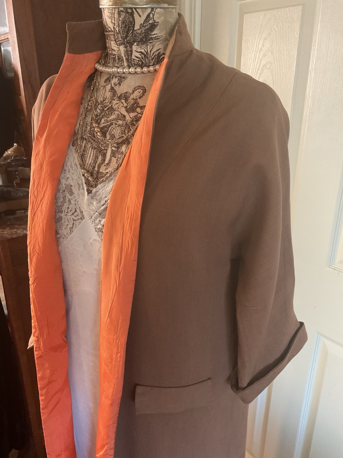 Vintage 1950 FALL AUTUMN DUSTER COAT Brown Linen Orange Lining M