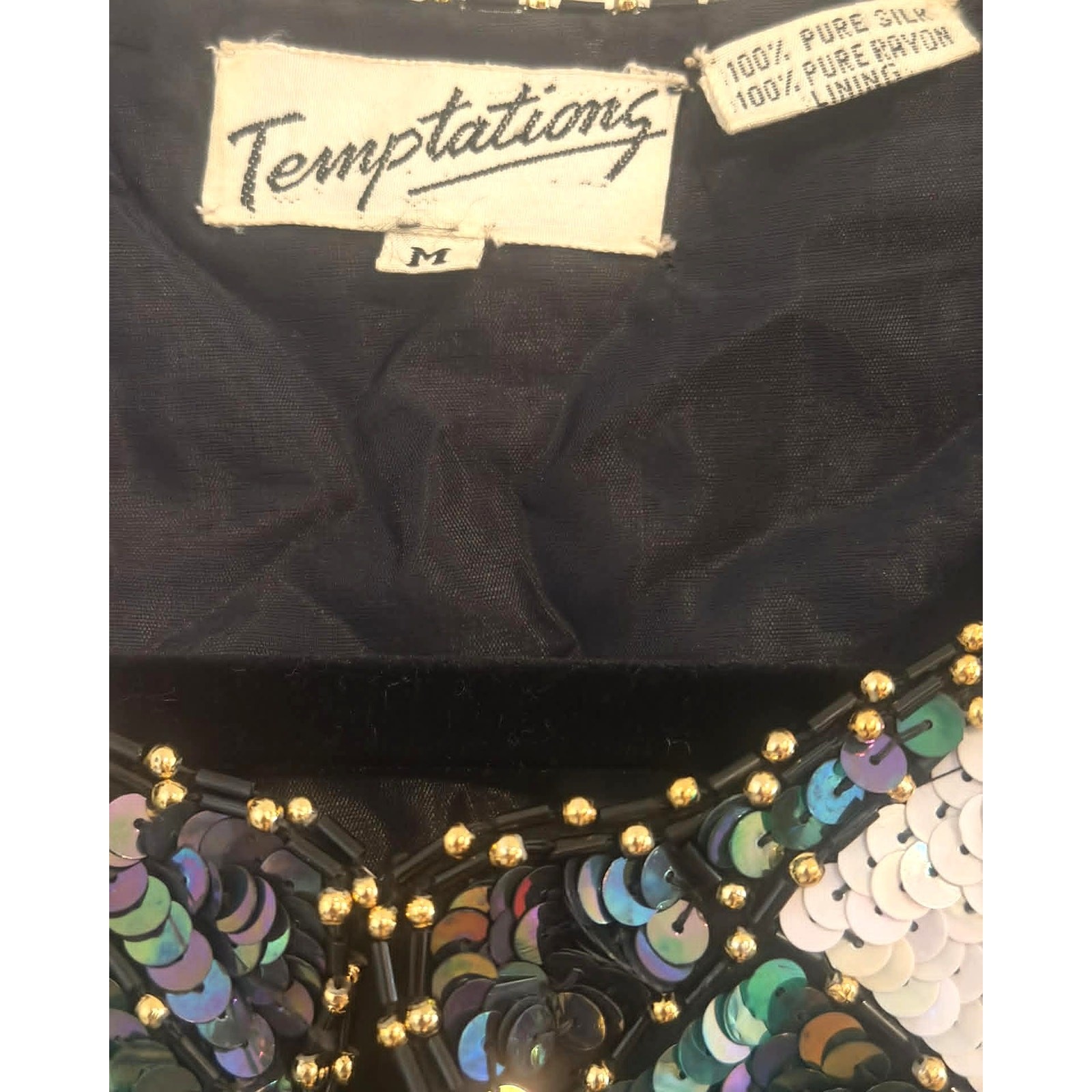 Vintage 1980s Sequin Silk Jacket Temptations M Beaded Blue White Evening India