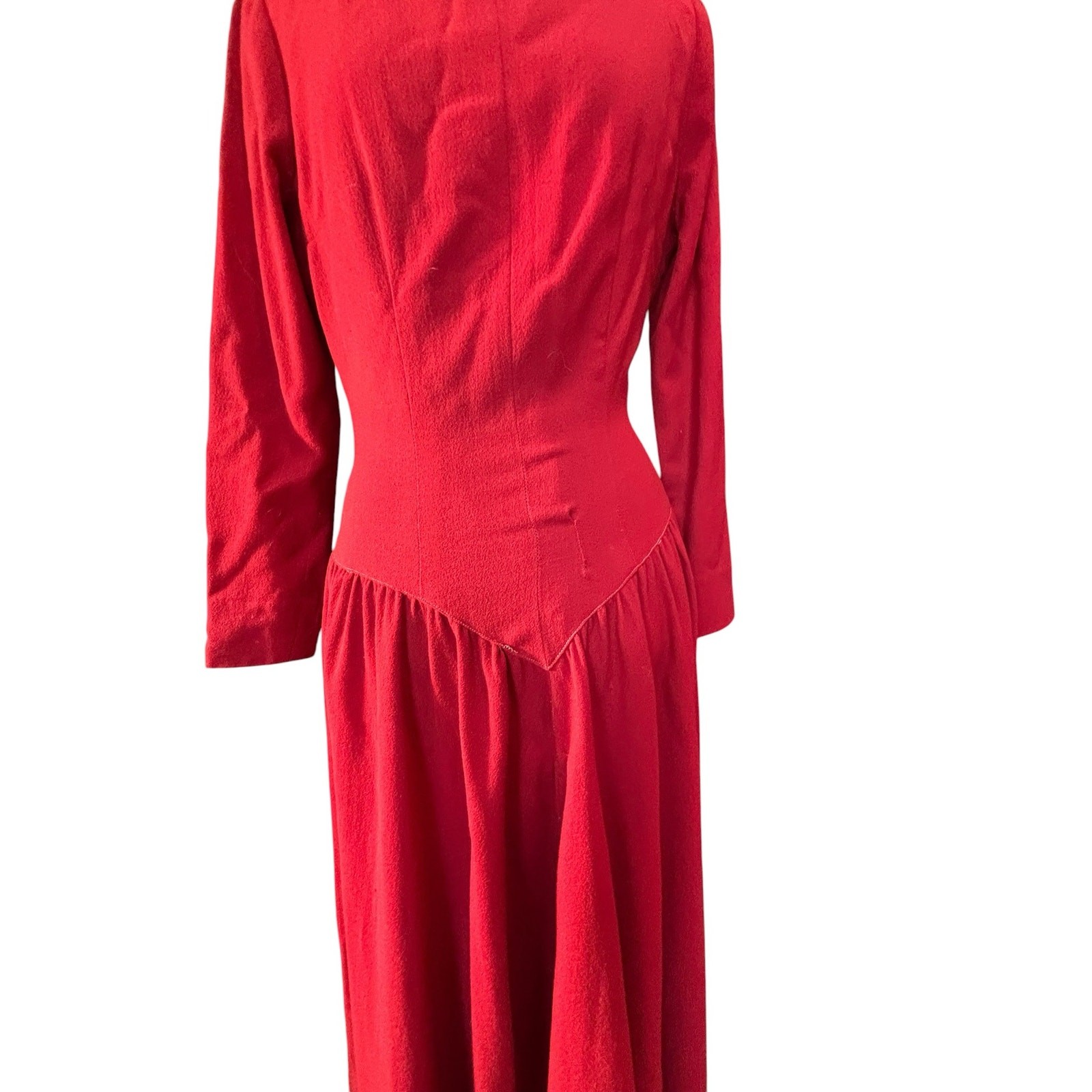 40s Red Wool Siren Dress Pointed Waist Dramatic Old Hollywood Mended 38 Bust