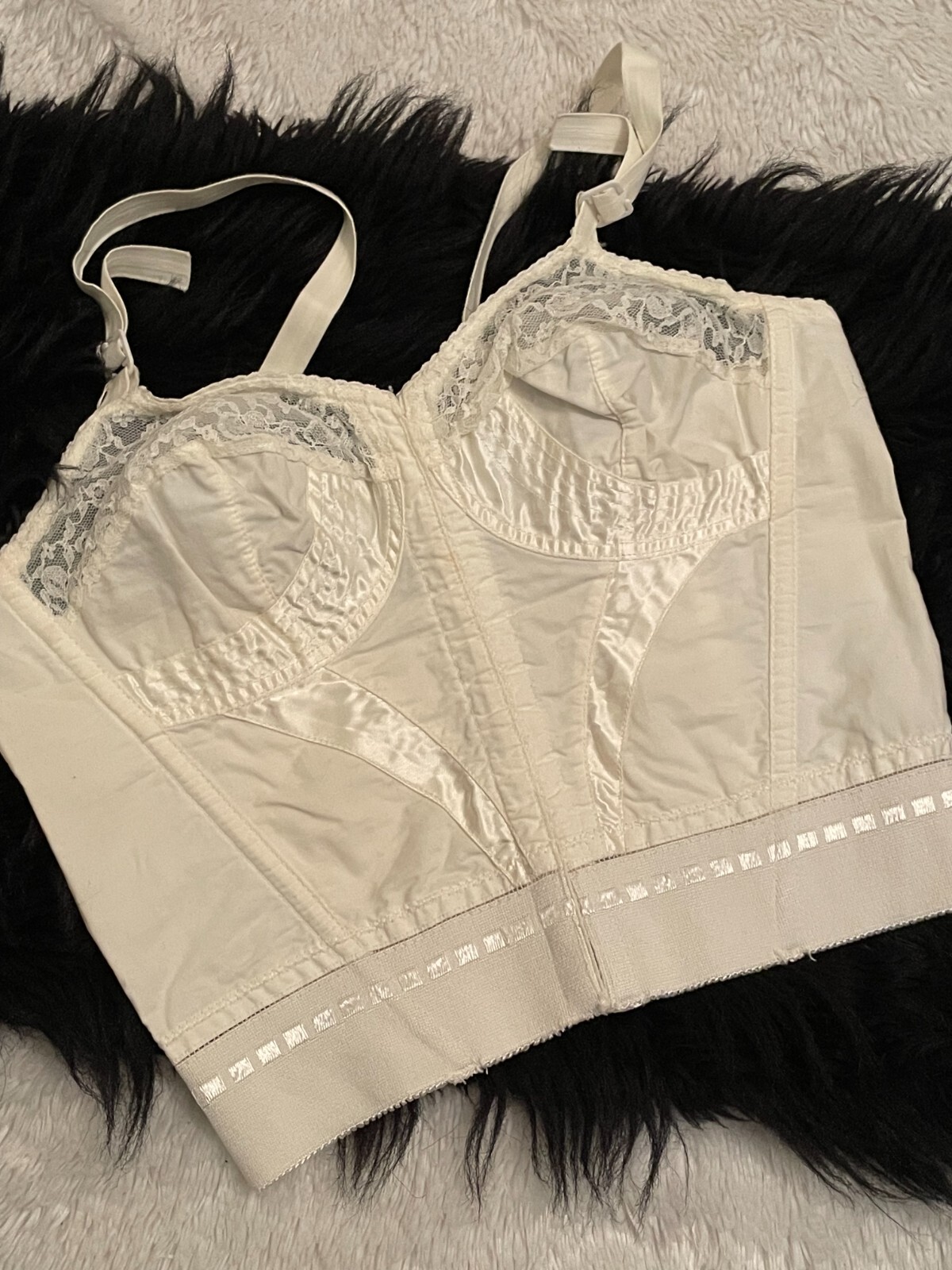 Vtg Cotton & SATIN Stitched Bustier Long Line Bra Top Floral Lace 34B Penneys