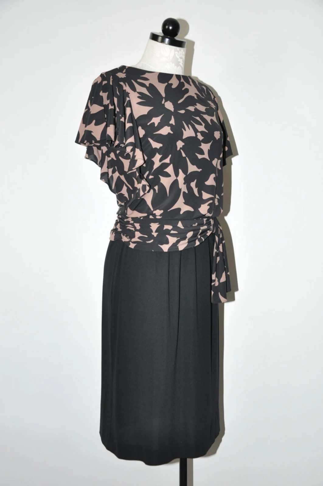 80s Vintage Black Beige Floral Print Back Buttons Draped Midi Dress Women S M