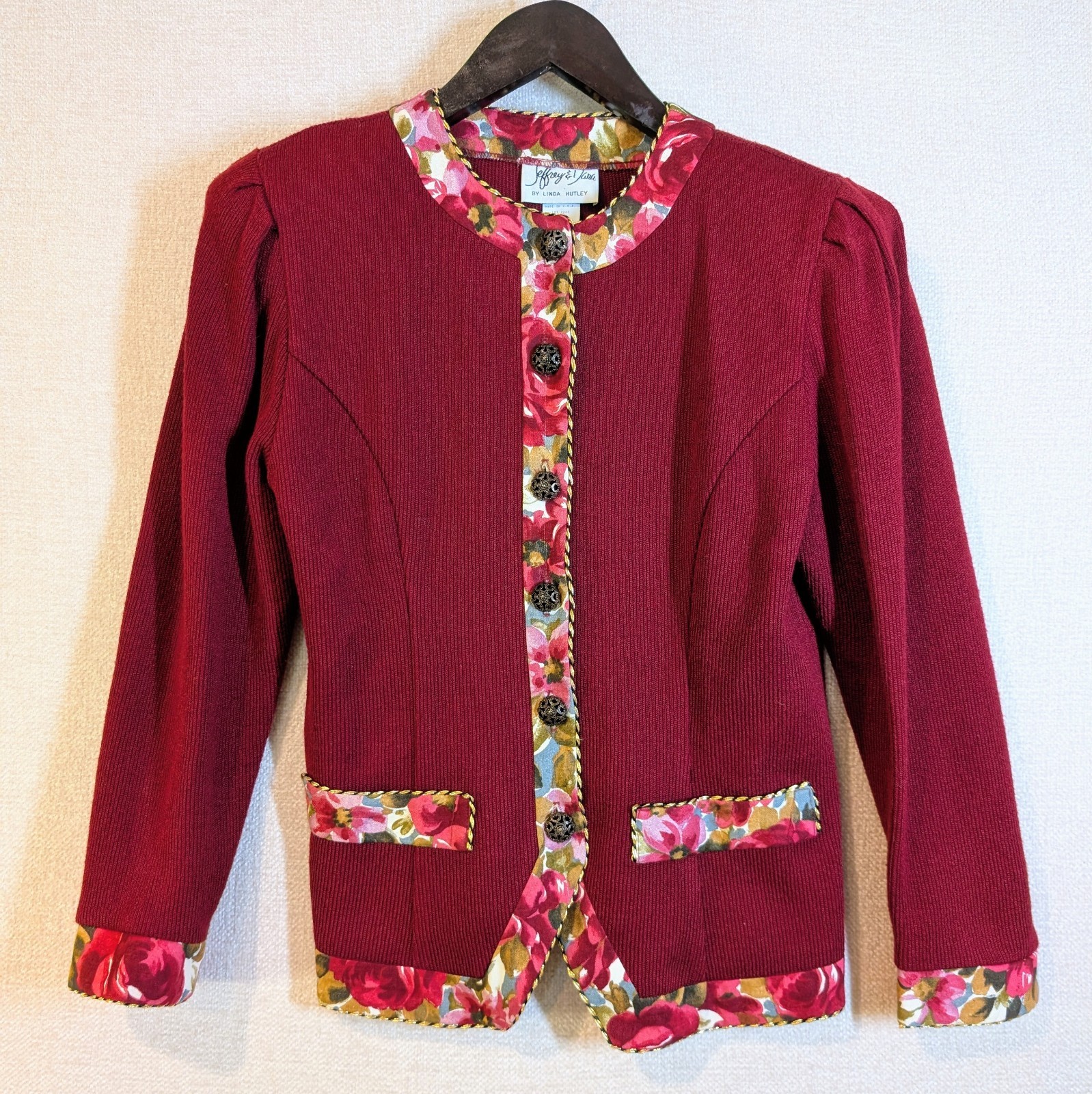Vintage Jeffrey & Dara Maroon Women’s Jacket With Floral Trim Size 5/6