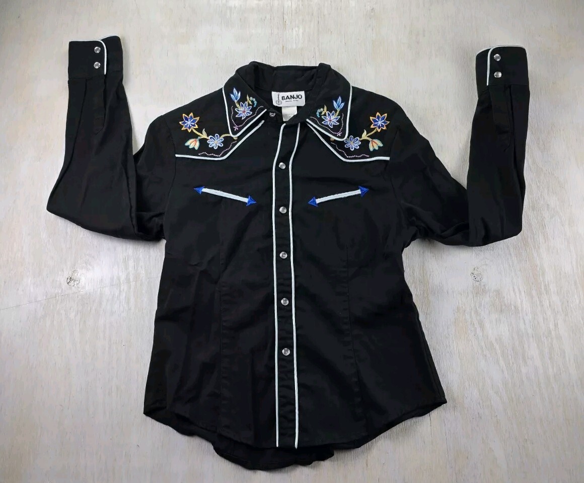 VTG Banjo Floral Arrows Black Western Sz M Women’s Shirt Rodeo Dallas Texas USA