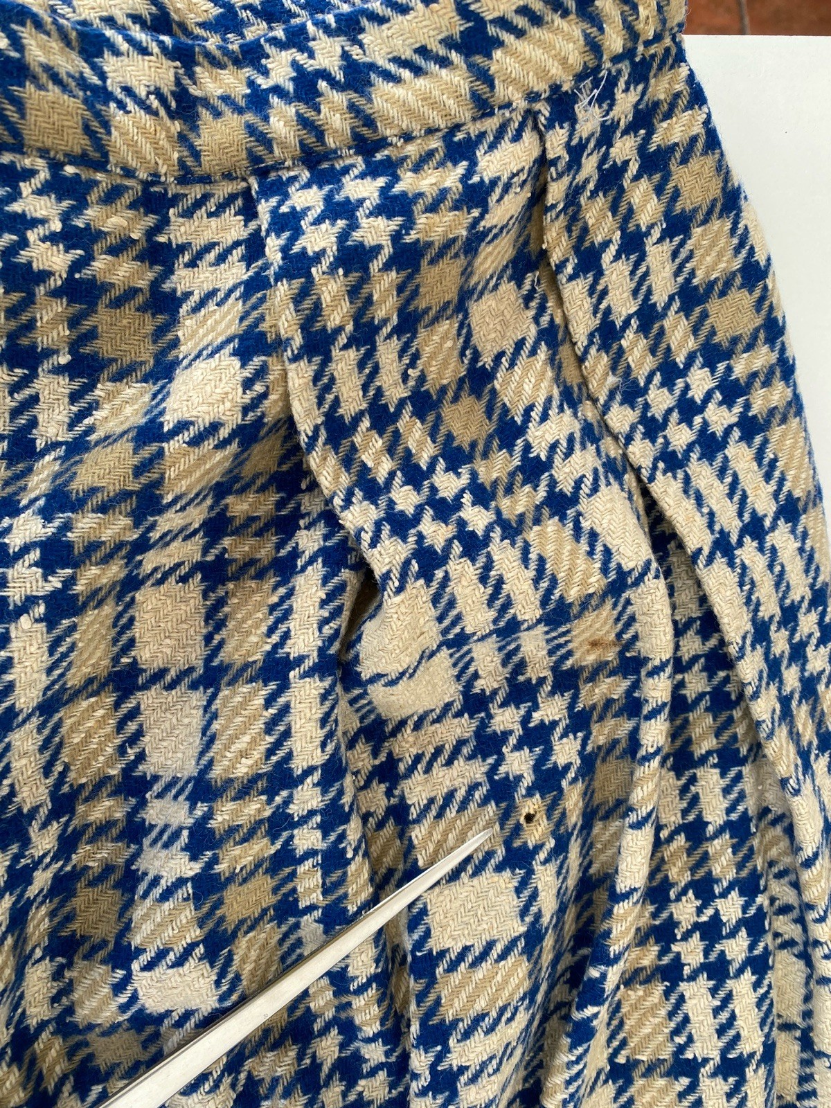 Vintage Handmade 50s S 100% Wool Pleated Full Skirt Blue Ivory Plaid