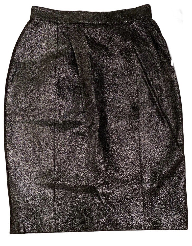 Vintage 90s JACQUELINE FERRAR Metallic Silver Black Leather Pencil Skirt Size S