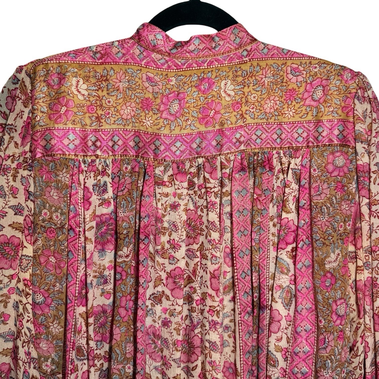 70s Vintage Ritu Kumar Judith Ann I Magnin Pink Silk Block Printed Boho Dress S