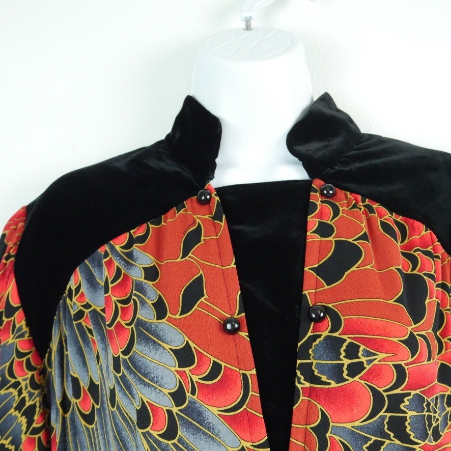 Vintage Leonard Fashion Paris Silk Velvet Feather Print Midi Dress Luxury 80s