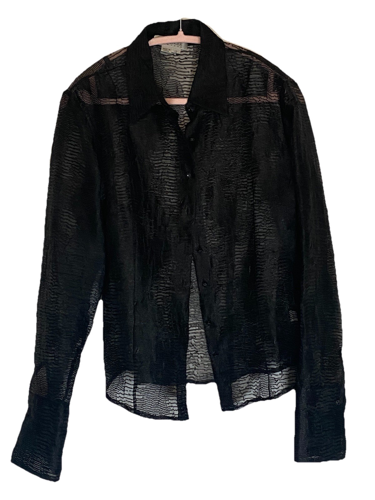 VTG KAY UNGER NEW YORK Black Sheer Button Down, Fairy Dark, Sz 12.