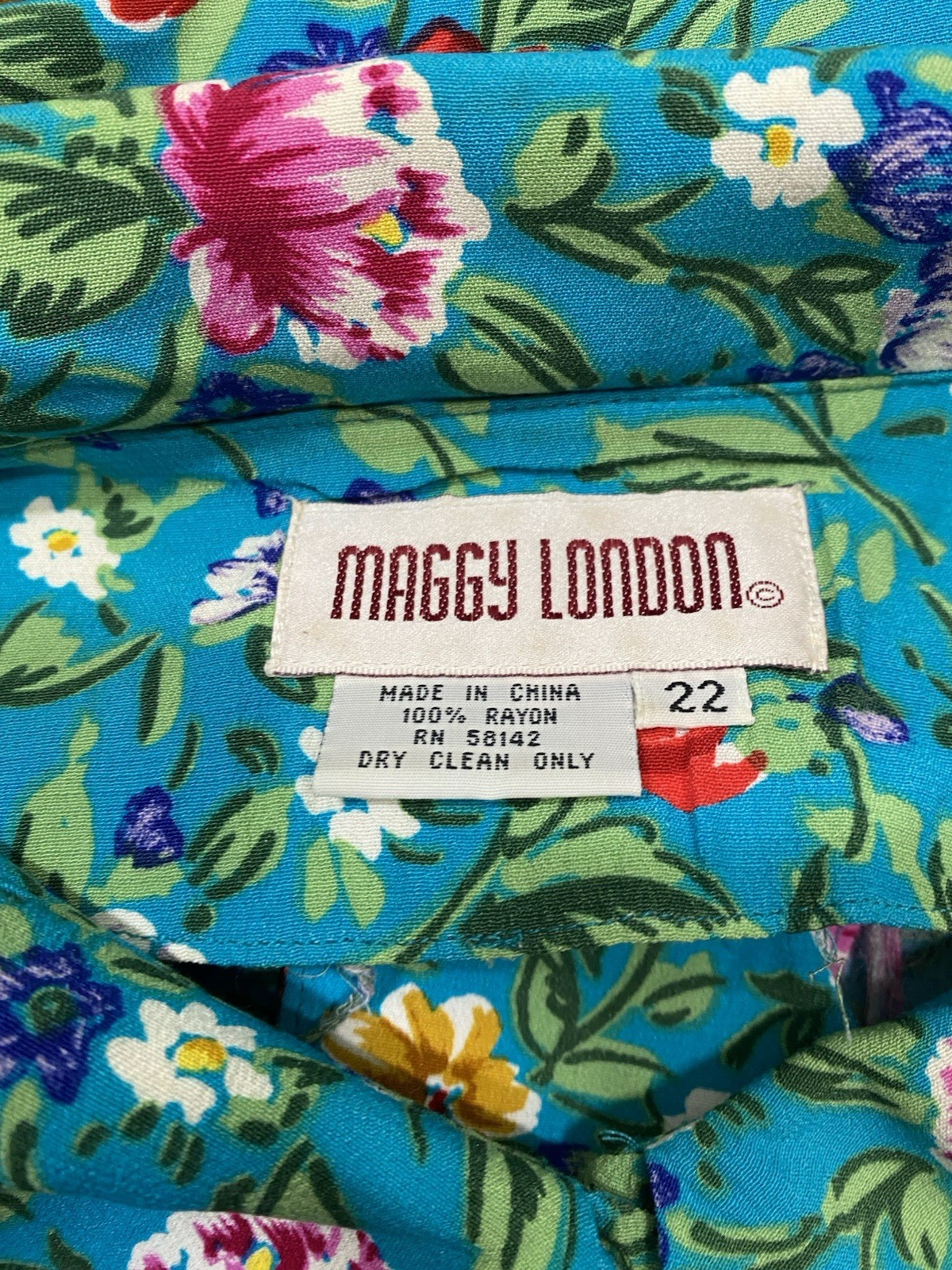 Vintage Blouse SIZE 22 floral teal MAGGY LONDON rayon 80s 90s