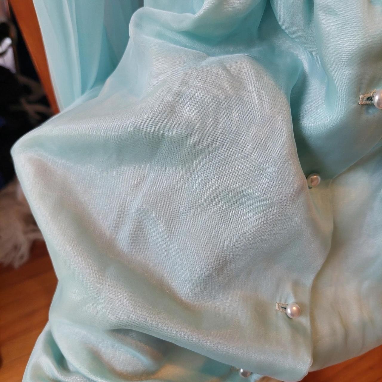 Vintage baby blue dress/ tunic with sheer sleeves, lace trim, and pearl buttons.