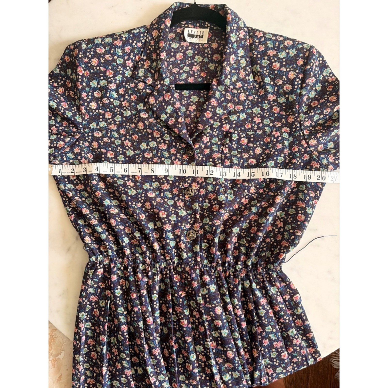 Leslie Fay Vintage Floral Midi Dress Purple Pink Short Sleeve Elastic Waist