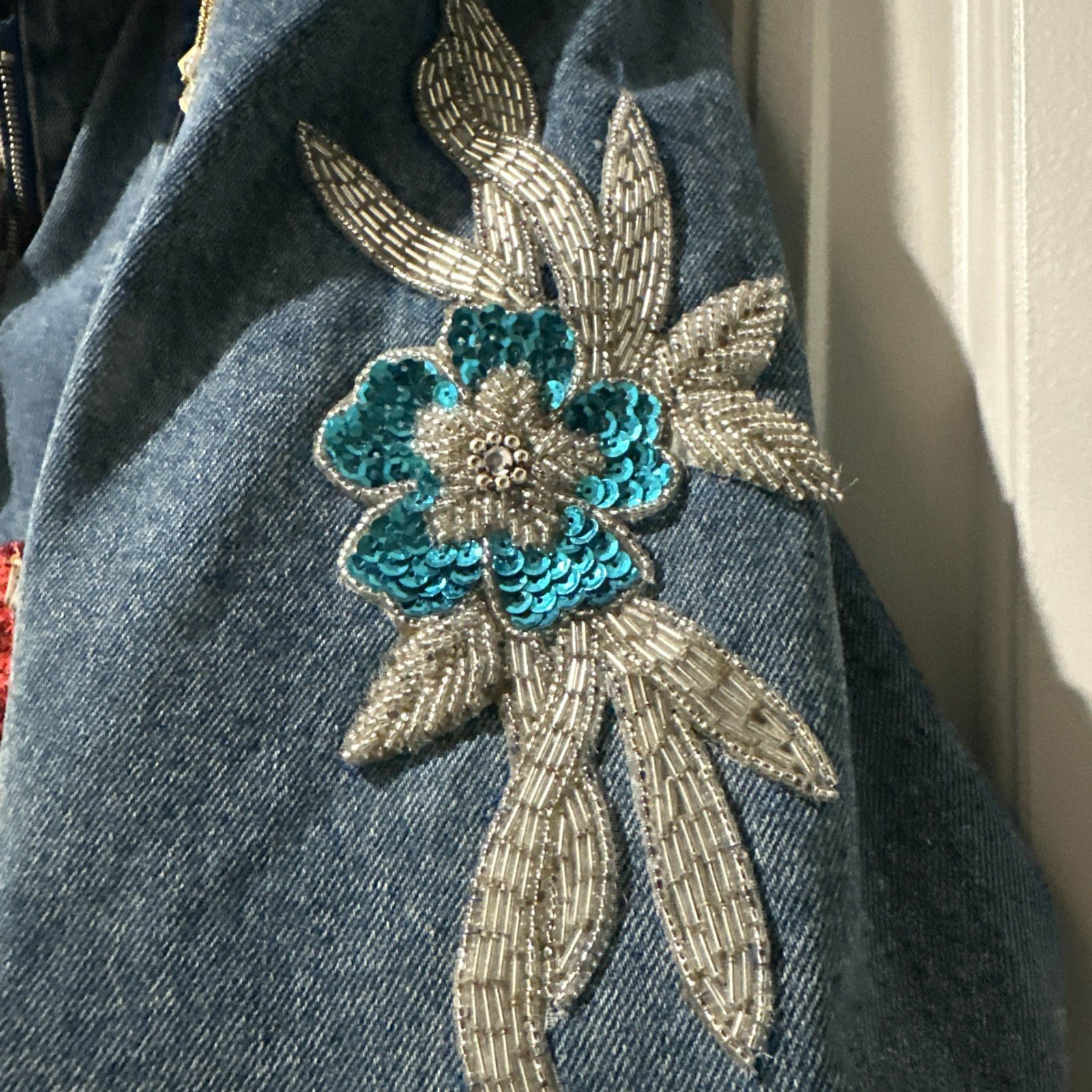Vtg Mod Maid Denim Jacket Texas Bluebonnet Beaded Gold Fringe Western Cowgirl L