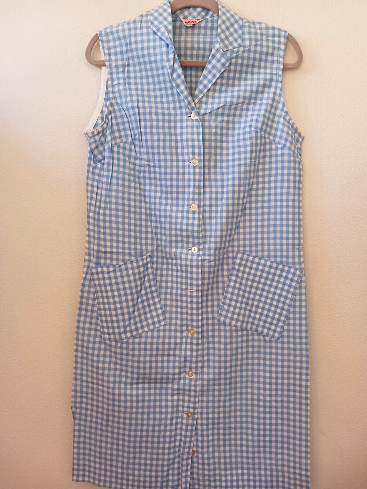 Vtg Graff CaliforniaWear Sleeveless Shirt Day Dress 40″ Blue White Gingham 1960s
