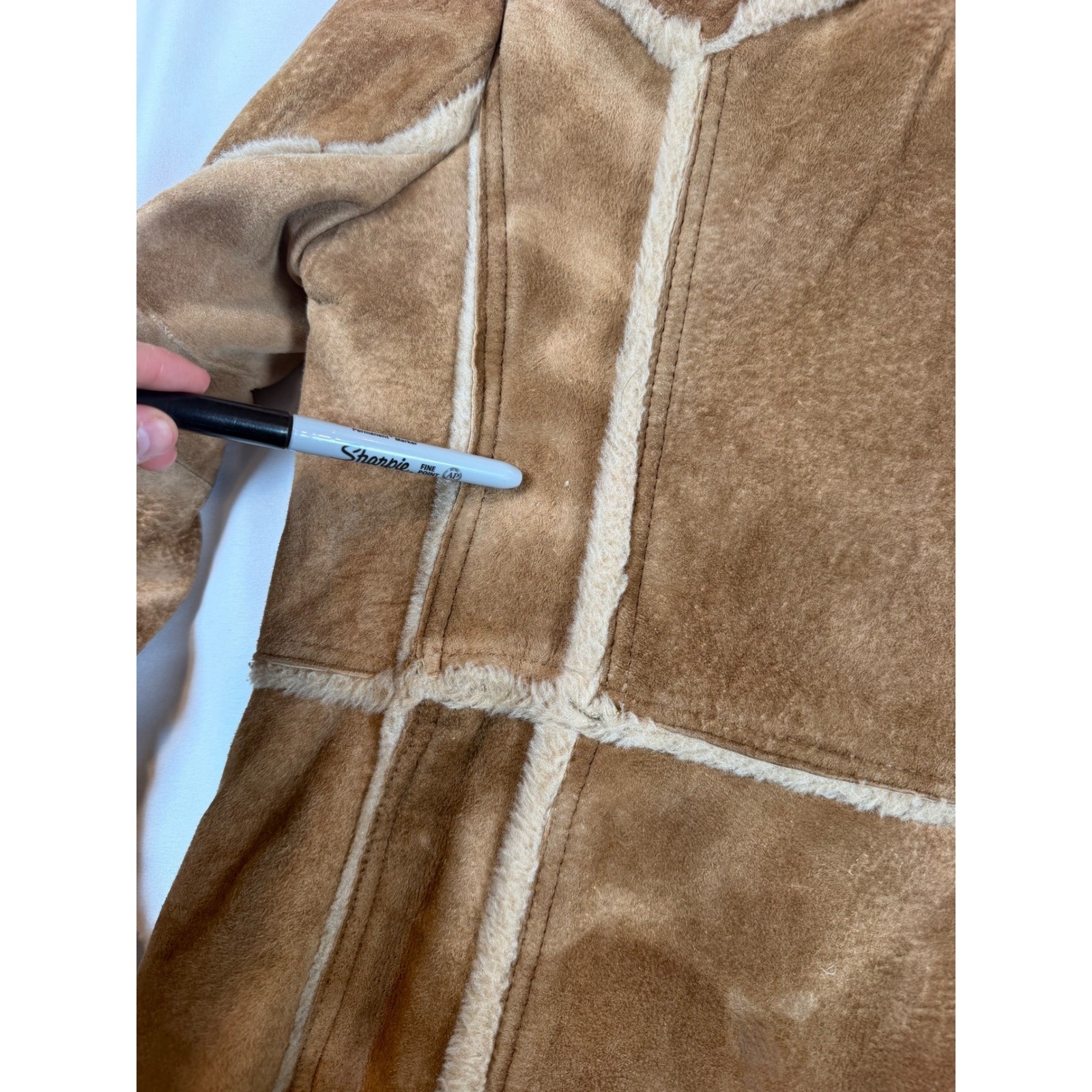 Vtg William Barry Brandon Colorado Suede Shearling Jacket Tan Brown Penny Sz XS