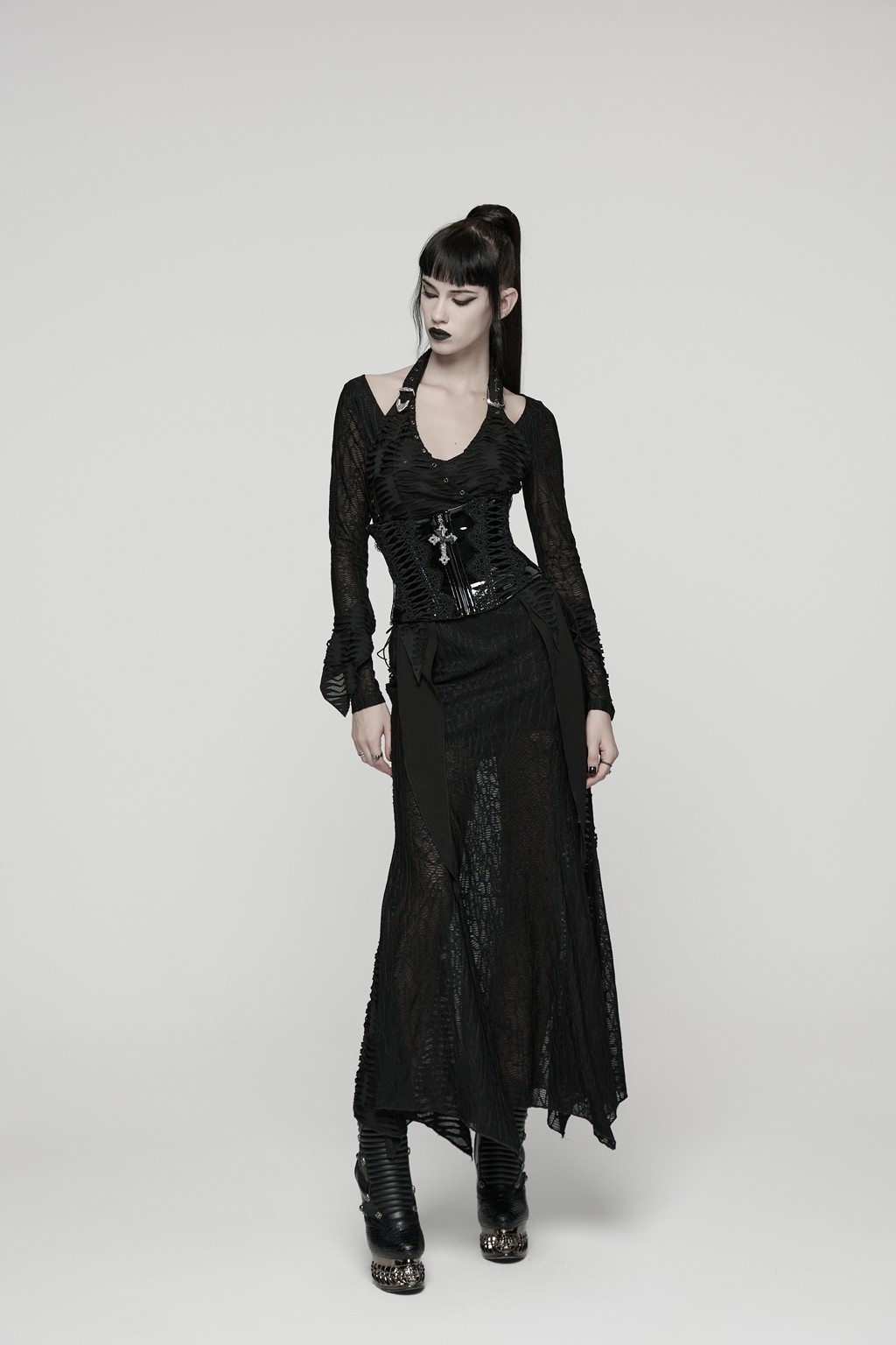 Punk rave women black gothic harness draw string corset patent leather sexy belt