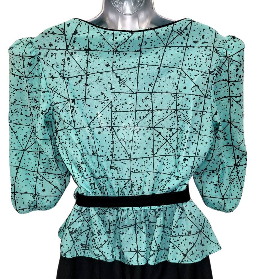 Vtg 80s KR of NY Awesome MINT GREEN BLACK GEO Print Top Black Skirt BOW Dress 16