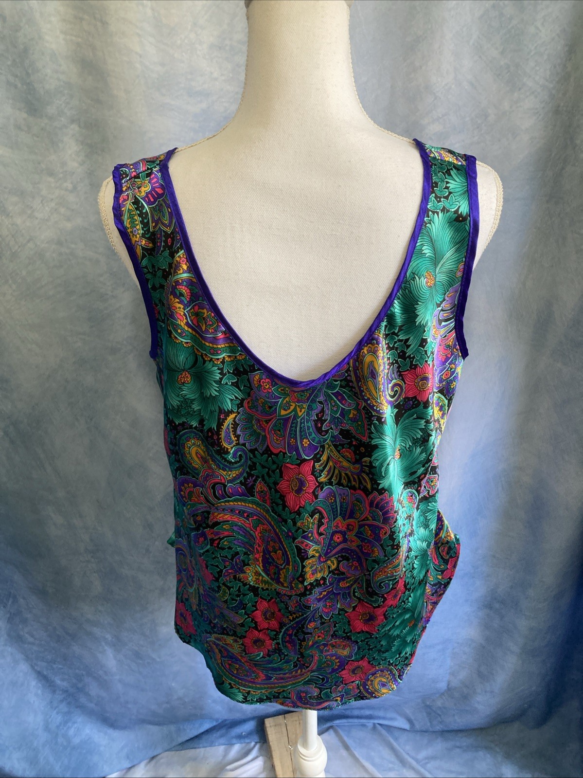 Vtg 80s California Dynasty Satin Cami Tank Top Plus 1X Jewel Tone Paisley Floral