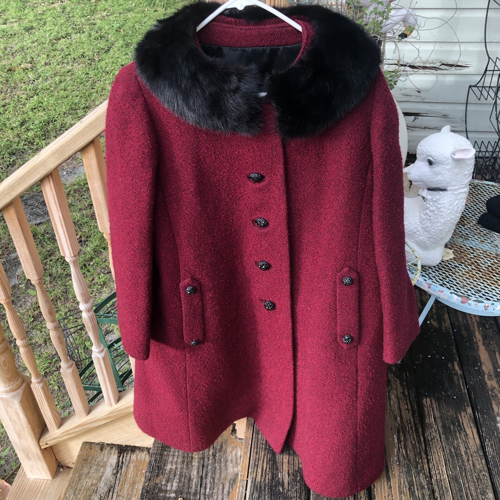 John Wanamaker Brynwood Wool Coat Sz M L Fur Collar Burgundy Lined Vtg 50 Womens