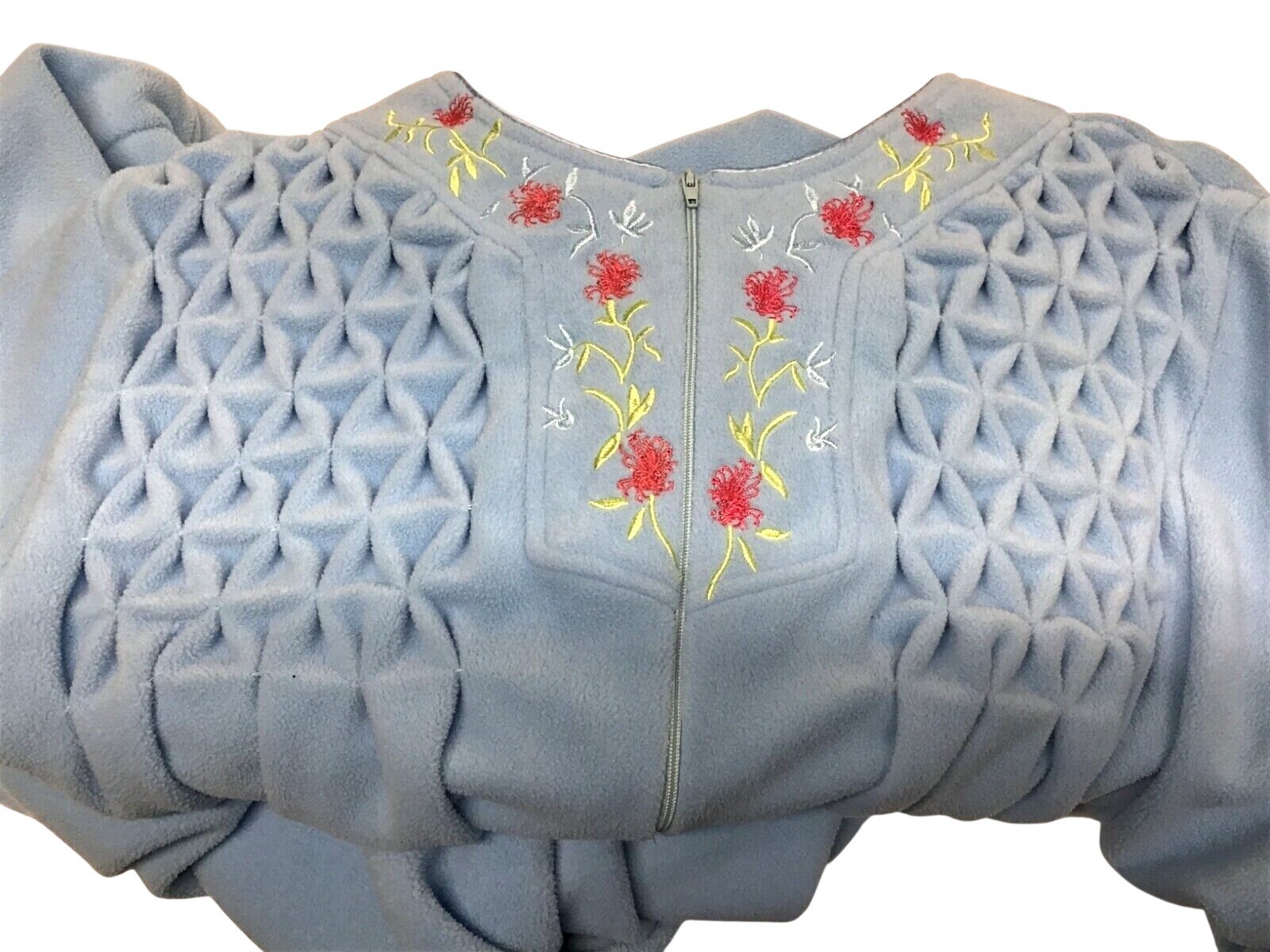 Saybury Vintage Blue Fleece Half Zip L XL Quilted Embroidered House Dress Robe