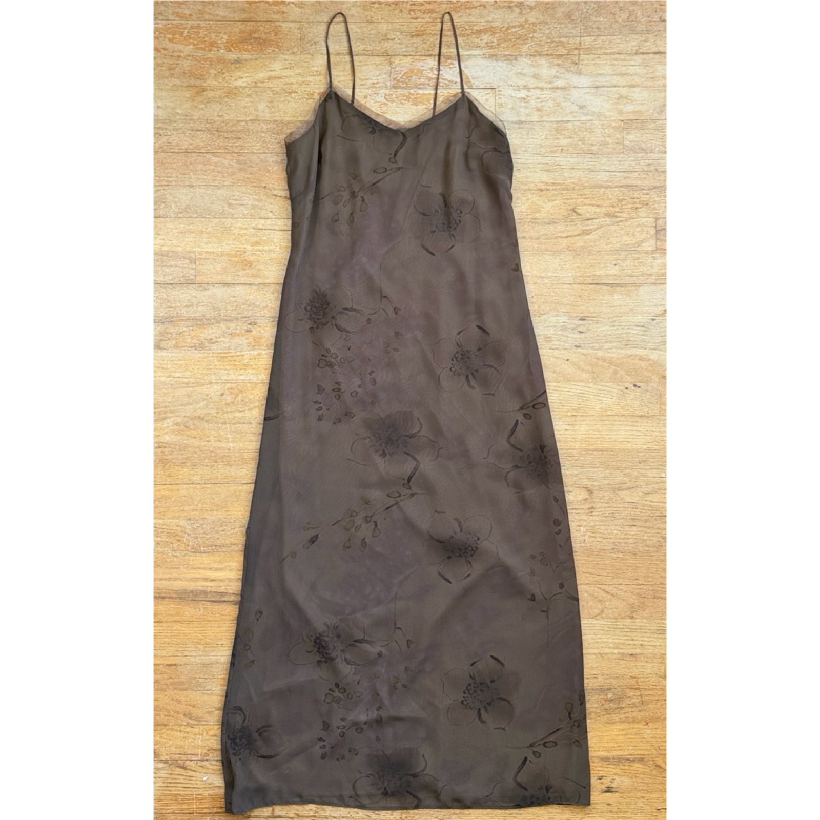Vintage Brown Floral Print Slip Maxi Dress Size S/M 8 Sleeveless 90s David Warre