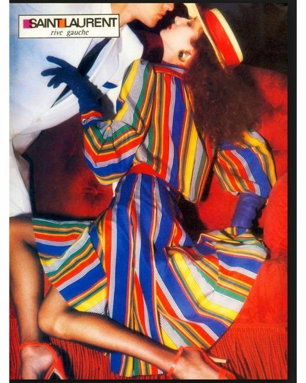 Yves Saint Laurent Vintage SS 1982 Red Multicolor Striped Silk Lavalliere Shirt