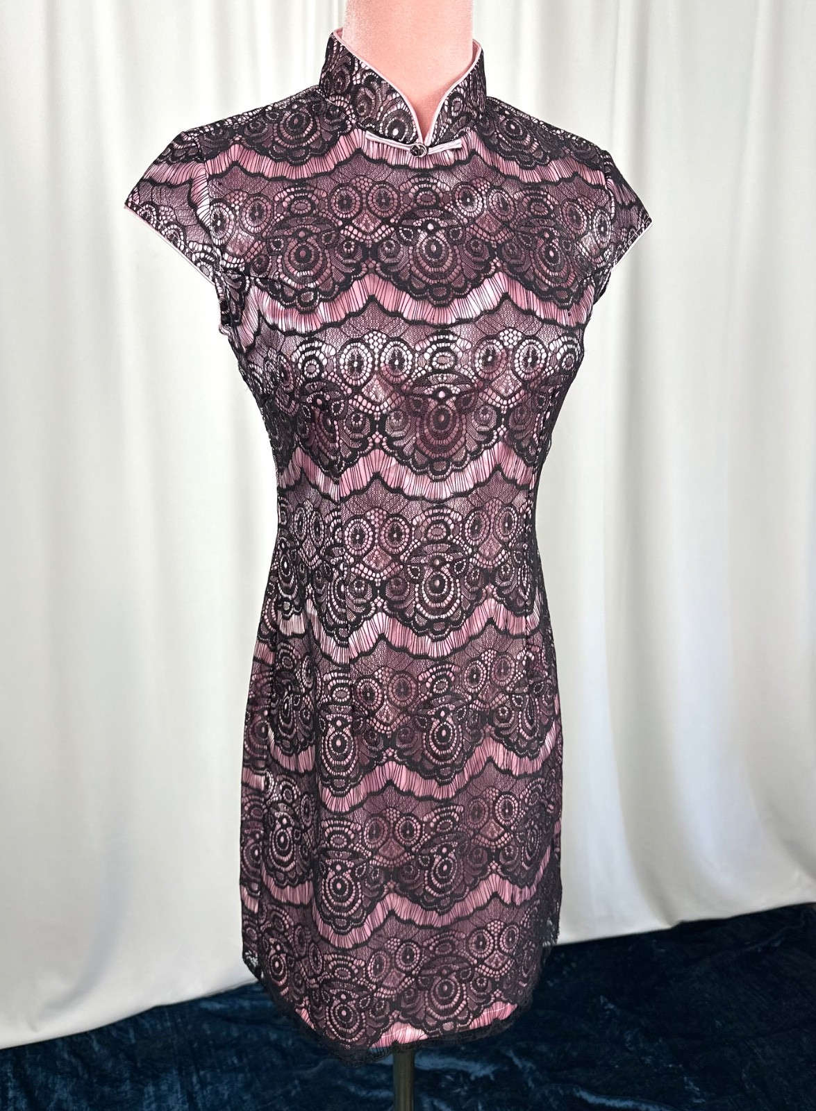 Vintage Lace Mandarin Collar Dress XS Pink Black Cocktail Party Beijing Purchase