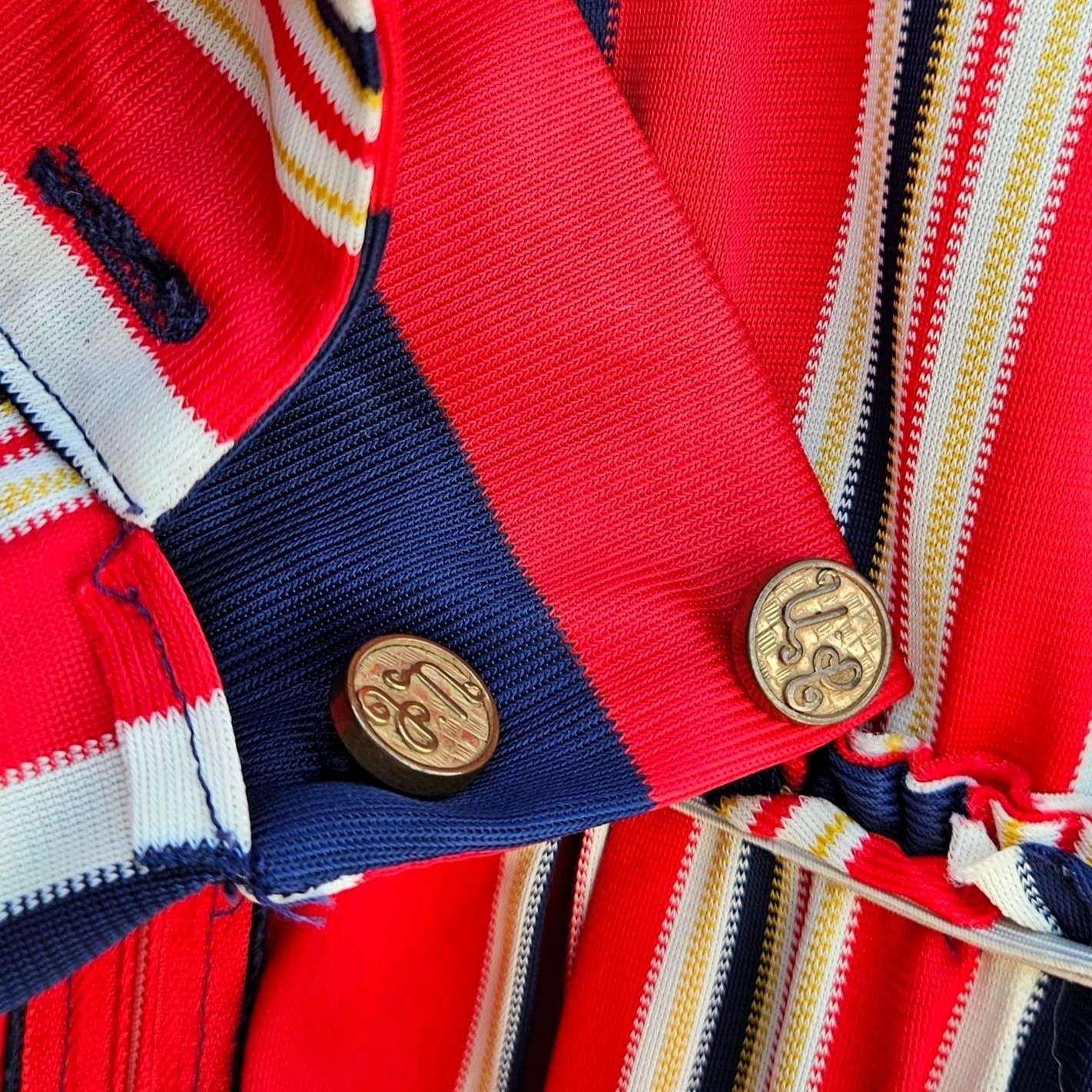 Vintage 70s California Stripe Nylon Knit Dress Red White Blue Zip Front Womens M