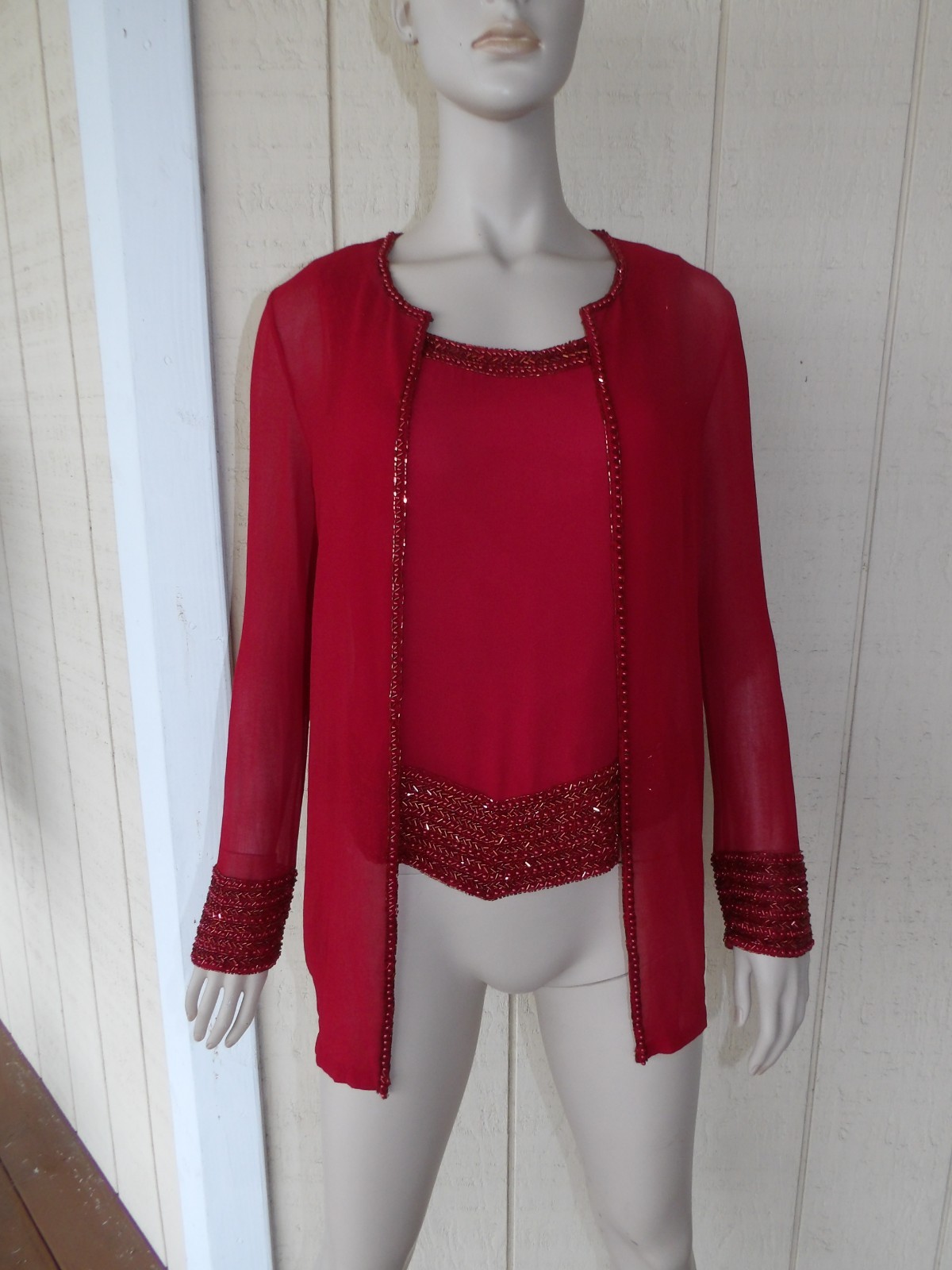 JKARA New York 8 M Cardigan Topper Jacket Tank Top Red Sheer Beaded Vtg 90s Retr