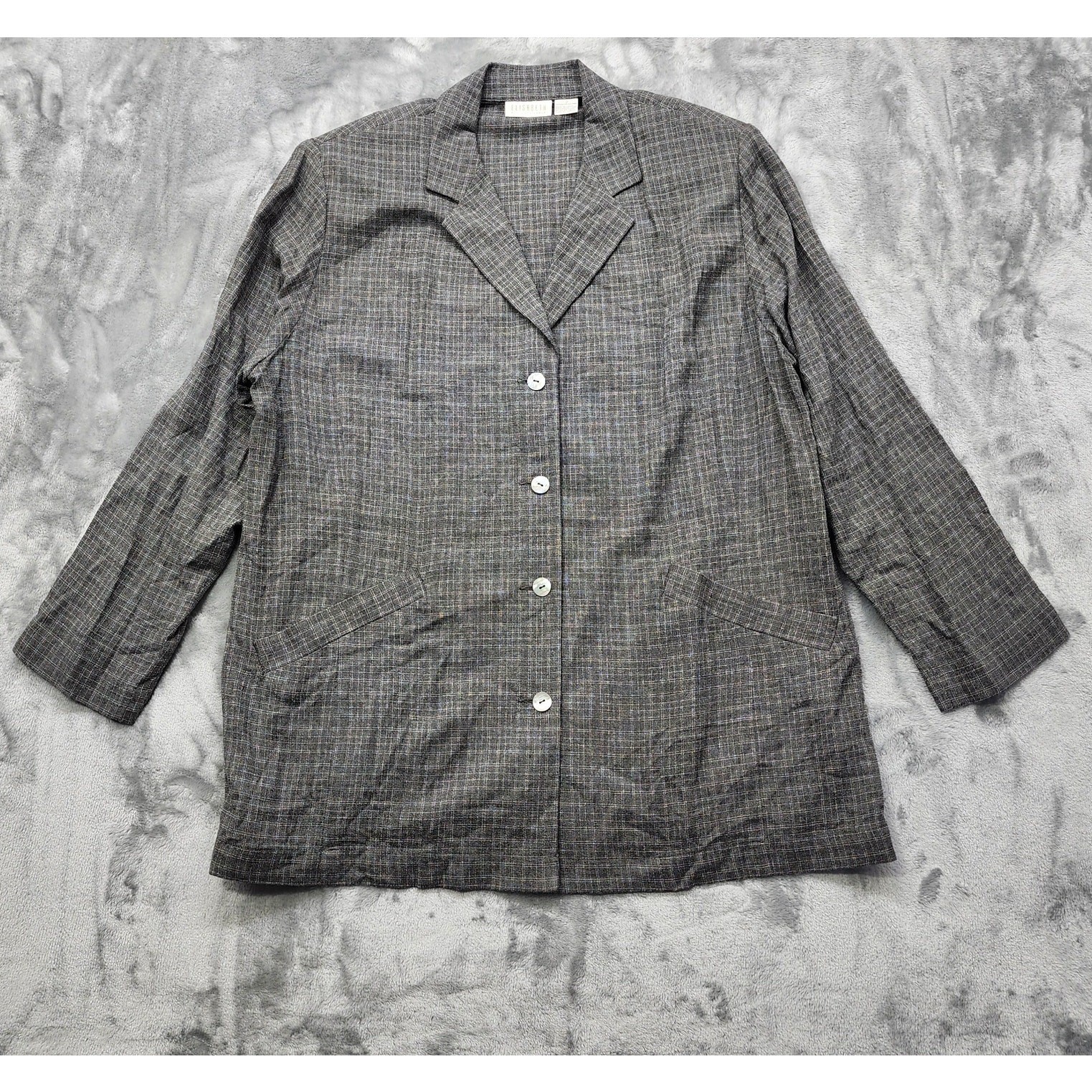 Vintage Elisabeth Liz Claiborne Jacket Womens 2 2X Gray White Plaid Rayon Casual