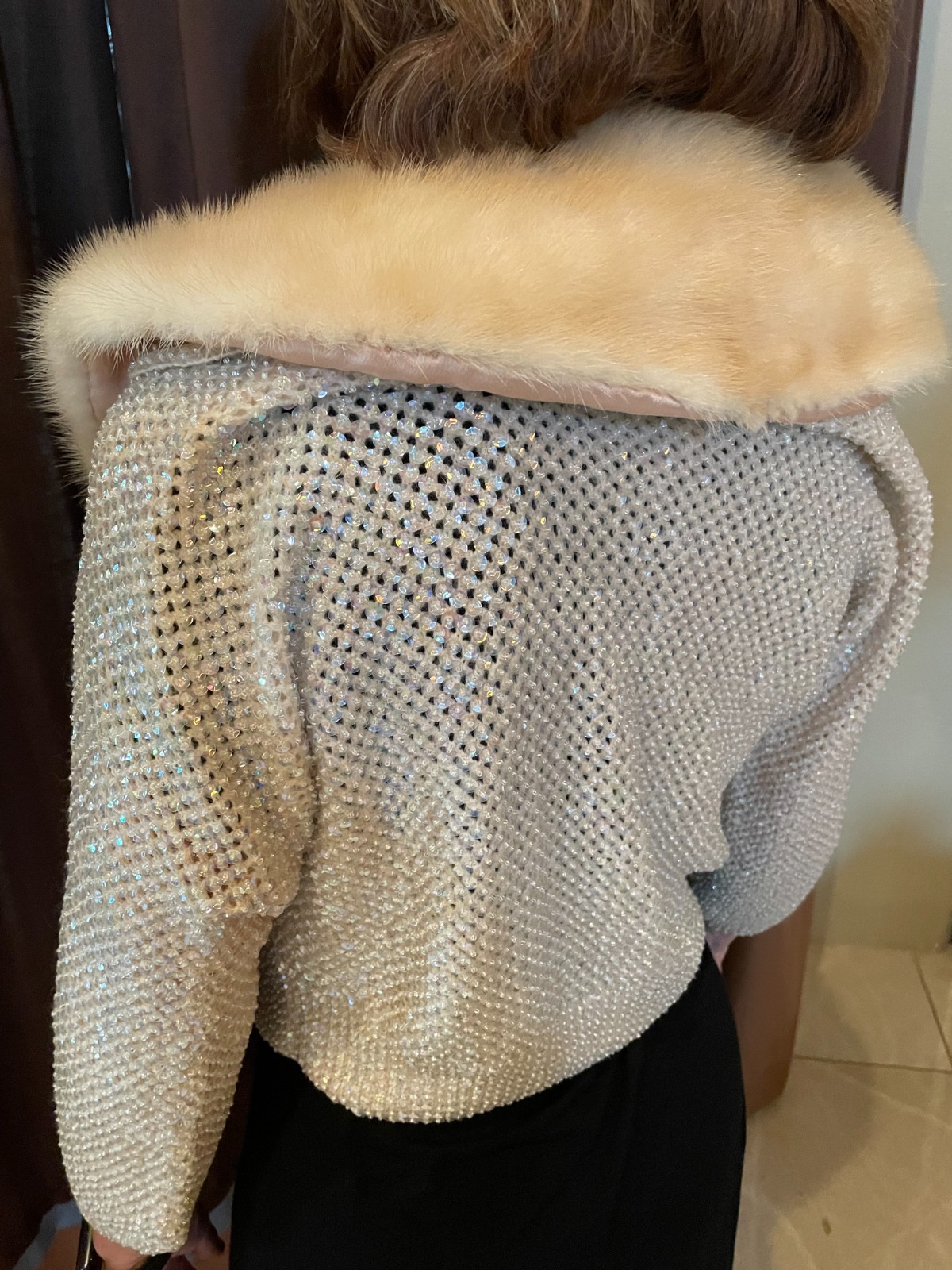 Vintage 1950s Hand Knitted Wool and Beaded Sequins Fur Collar Sweater/Jacket