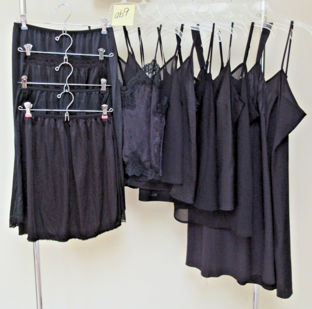12 Pc *ALL BLACK* Lingerie Camisoles Full Dress & Half Slips Lot Vtg – Mod ab9
