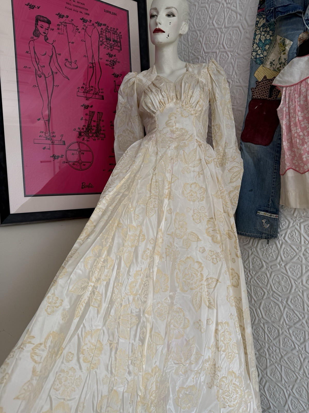 Vintage 1930s wedding gown puff sleeve flocked floral ivory dress-antique bridal