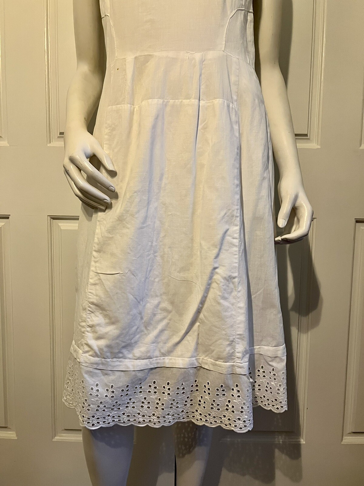 Vintage Antique Handmade White Cotton Slip Nightgown Undergarment Eyelet Hem M