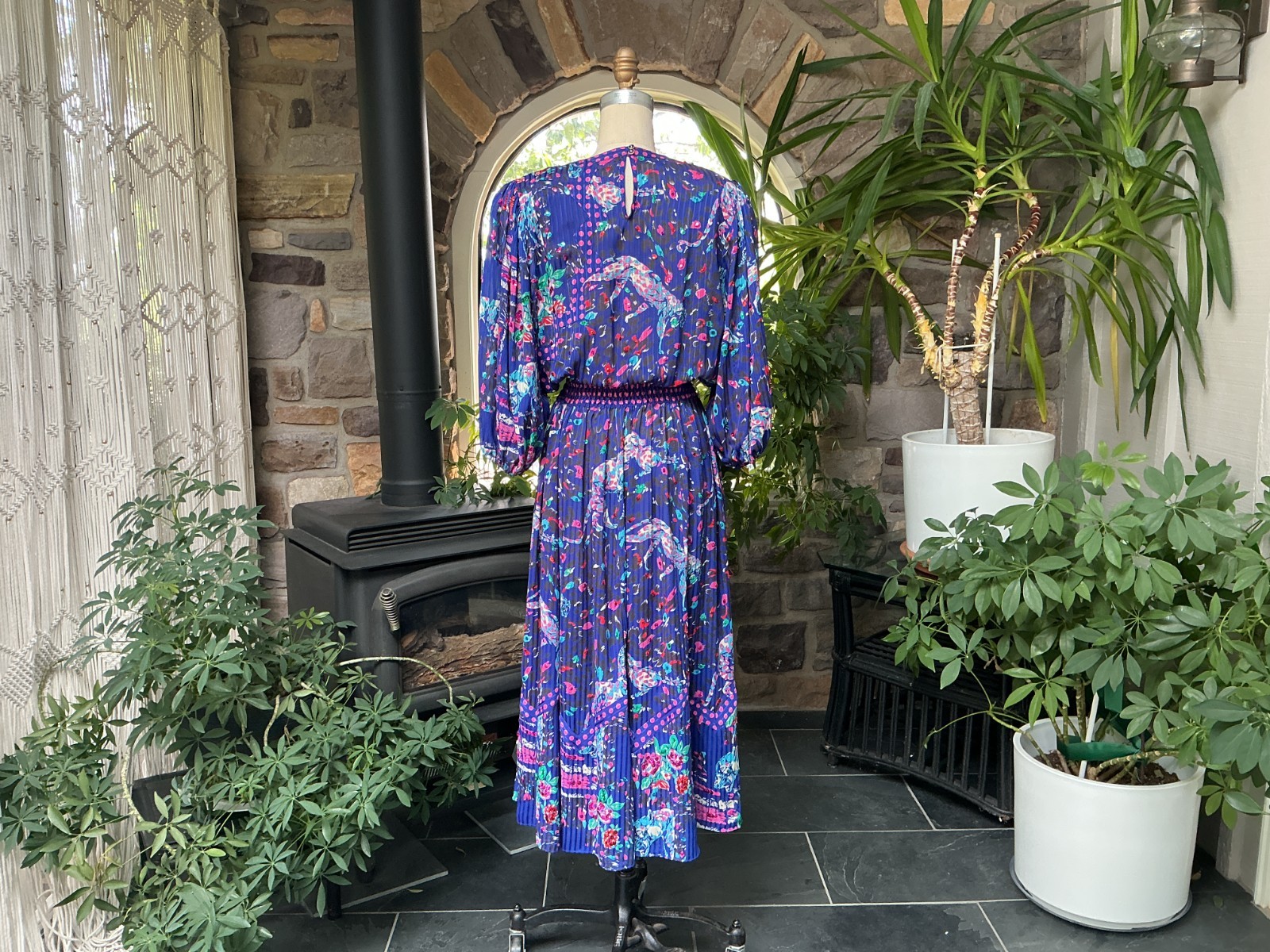 Vintage Blue and Pink Sequin Panther and Floral Print Midi Dress Diane Freis