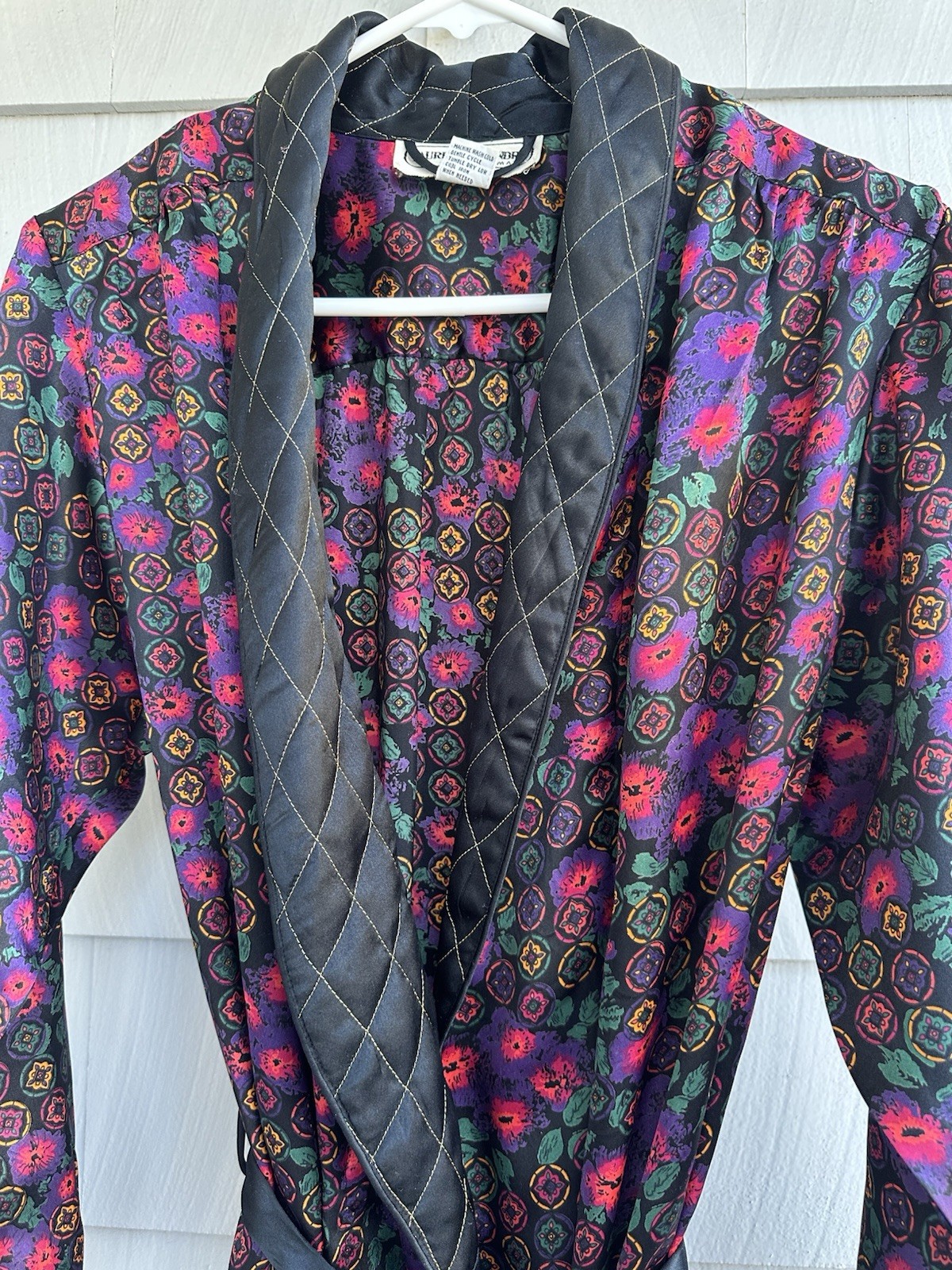 Vintage 1980s Lauren Alexandra Floral Robe Quilted Satin Trim Small