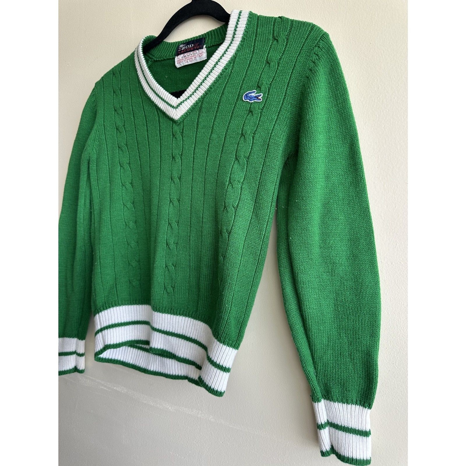 Vintage 80’s Izod Lacoste Sweater Small Fitted Green Cable Knit Preppy V Neck